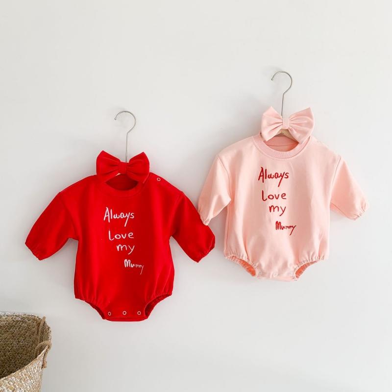 BOOSKU Spring Baby Girl Bodysuit Long Sleeves Round Collar Cute Letters Embroidered Jumpsuit Birthday Clothes