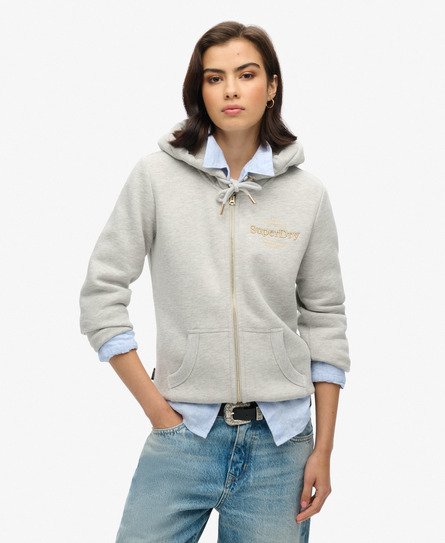 Superdry Vrouwen Luxe Hoodie met Metallic Logo en Rits Lichtgrijs