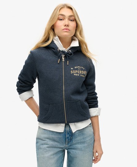 Superdry Vrouwen Luxe Hoodie met Metallic Logo en Rits Blauw