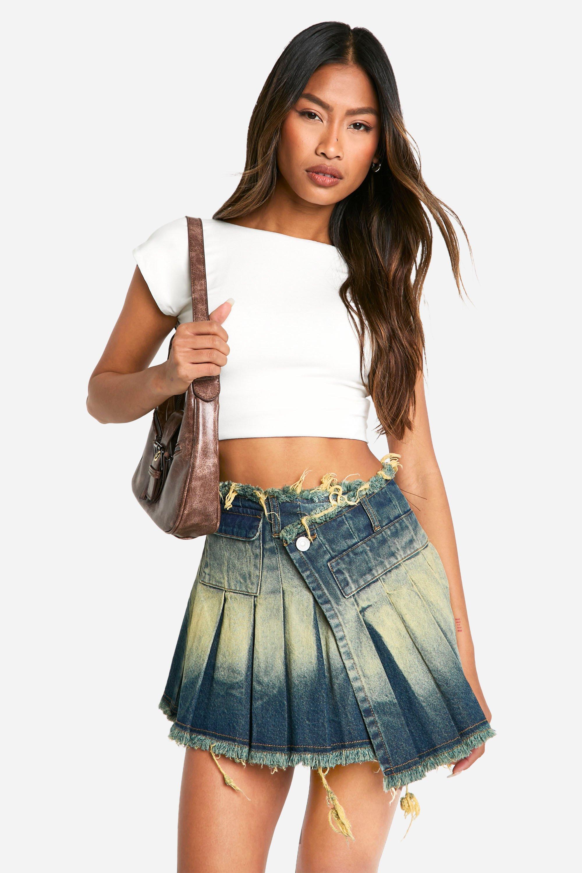 Boohoo Denim Tennis Rok Met Versleten Zoom, Vintage Wash