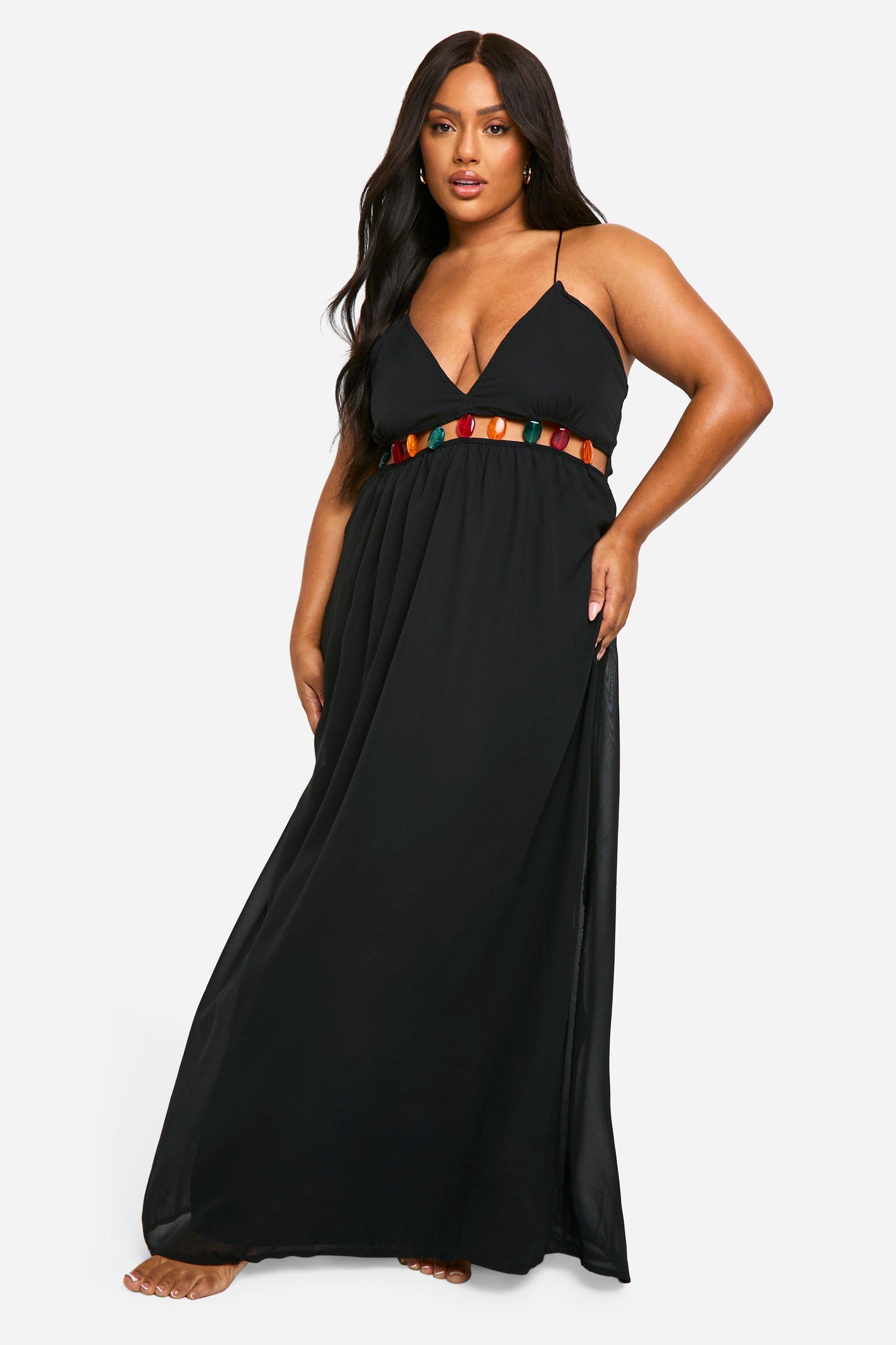 Boohoo Plus Maxi Strand Jurk Met Kraaltjes, Black