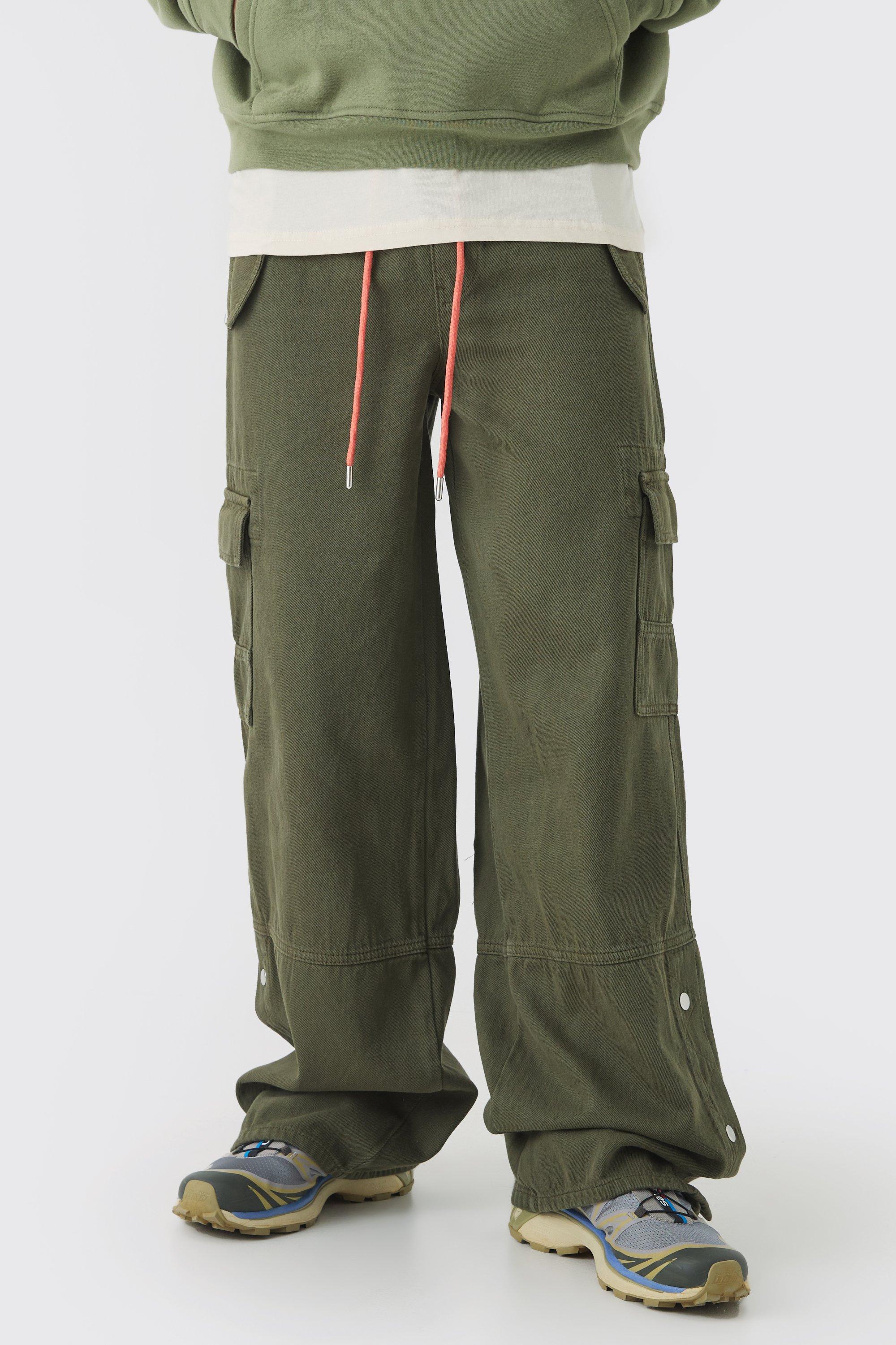 Boohoo Baggy Fit Twill Cargo Popper Hem Cargo Pants, Khaki