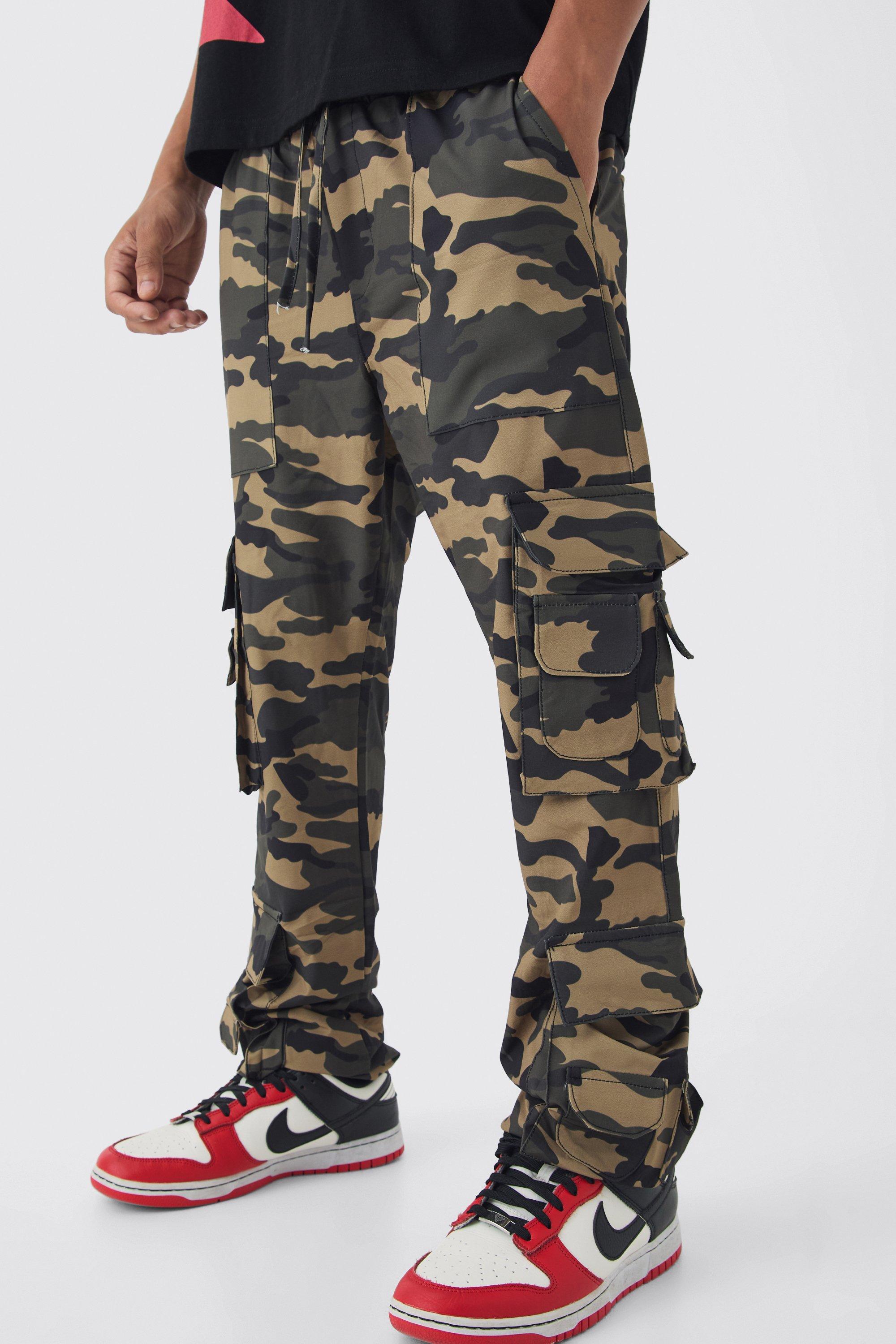 Boohoo Elasticated Slim Stacked Nylon Camo Cargo Pants, Khaki