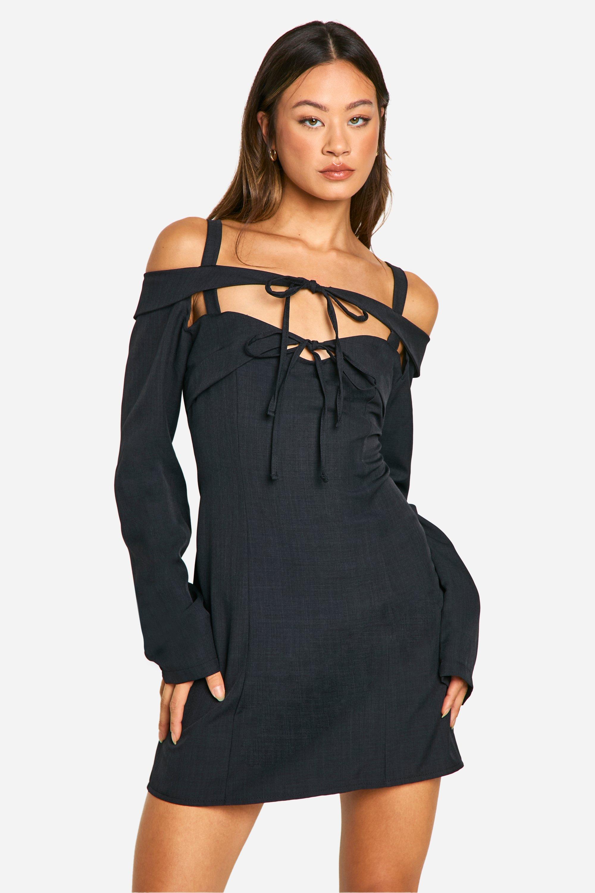 Boohoo Tall Bardot Cut Out Tailored Mini Dress, Black