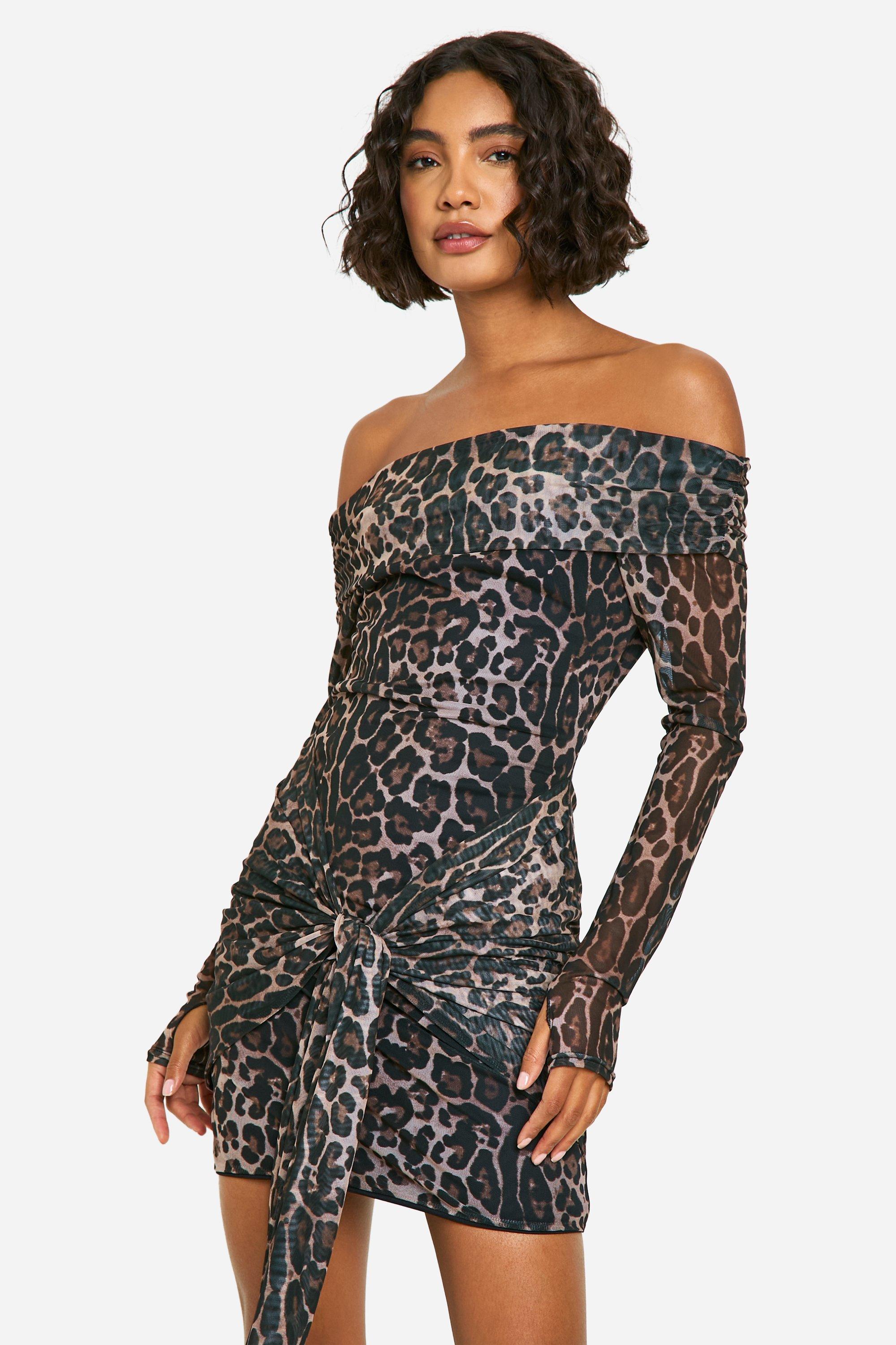 Boohoo Tall Leopard Mesh Bardot Twist Front Mini Dress, Animal