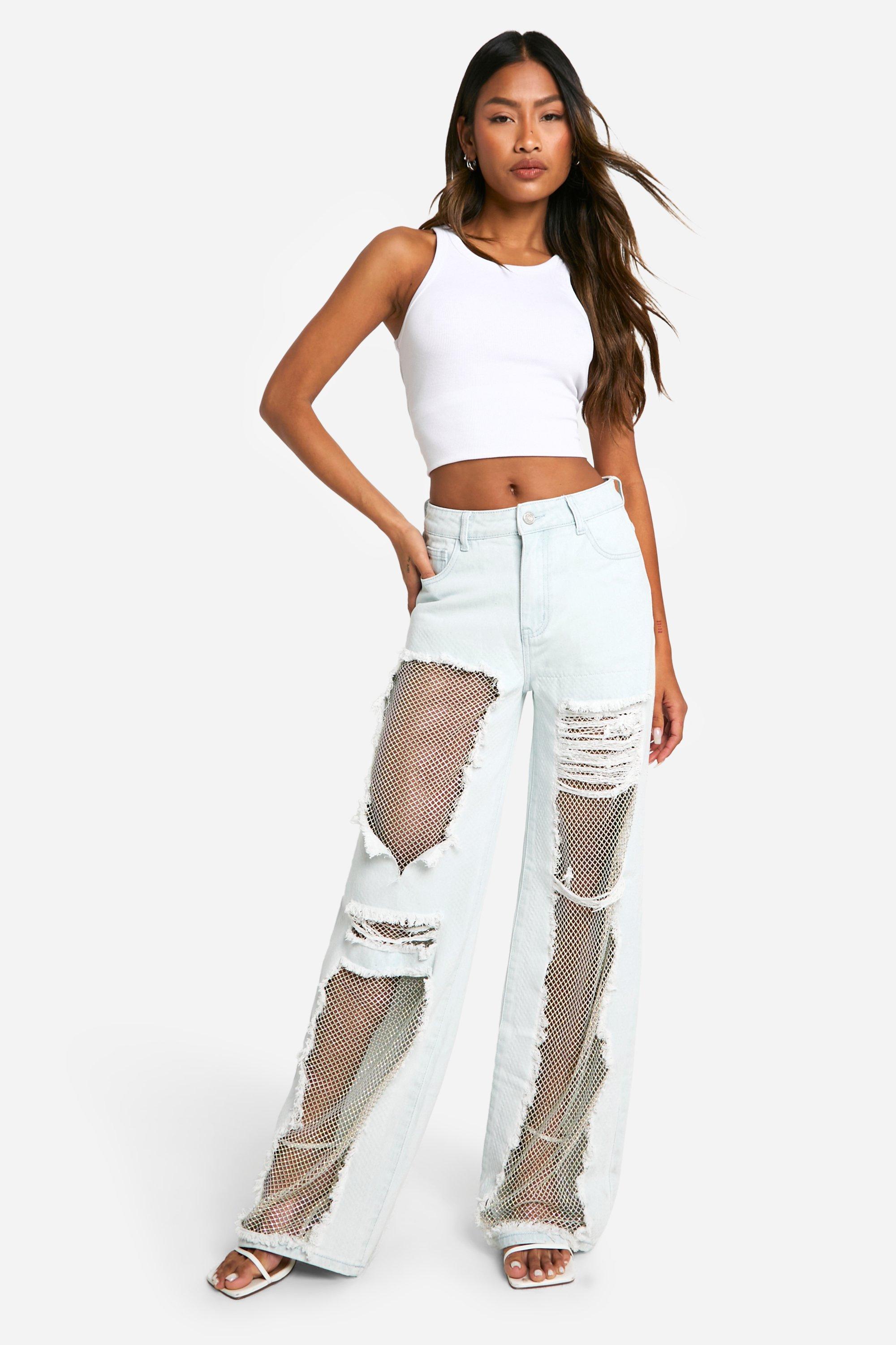 Boohoo Mesh Jeans Met Steentjes En Rechte Pijpen, Light Blue