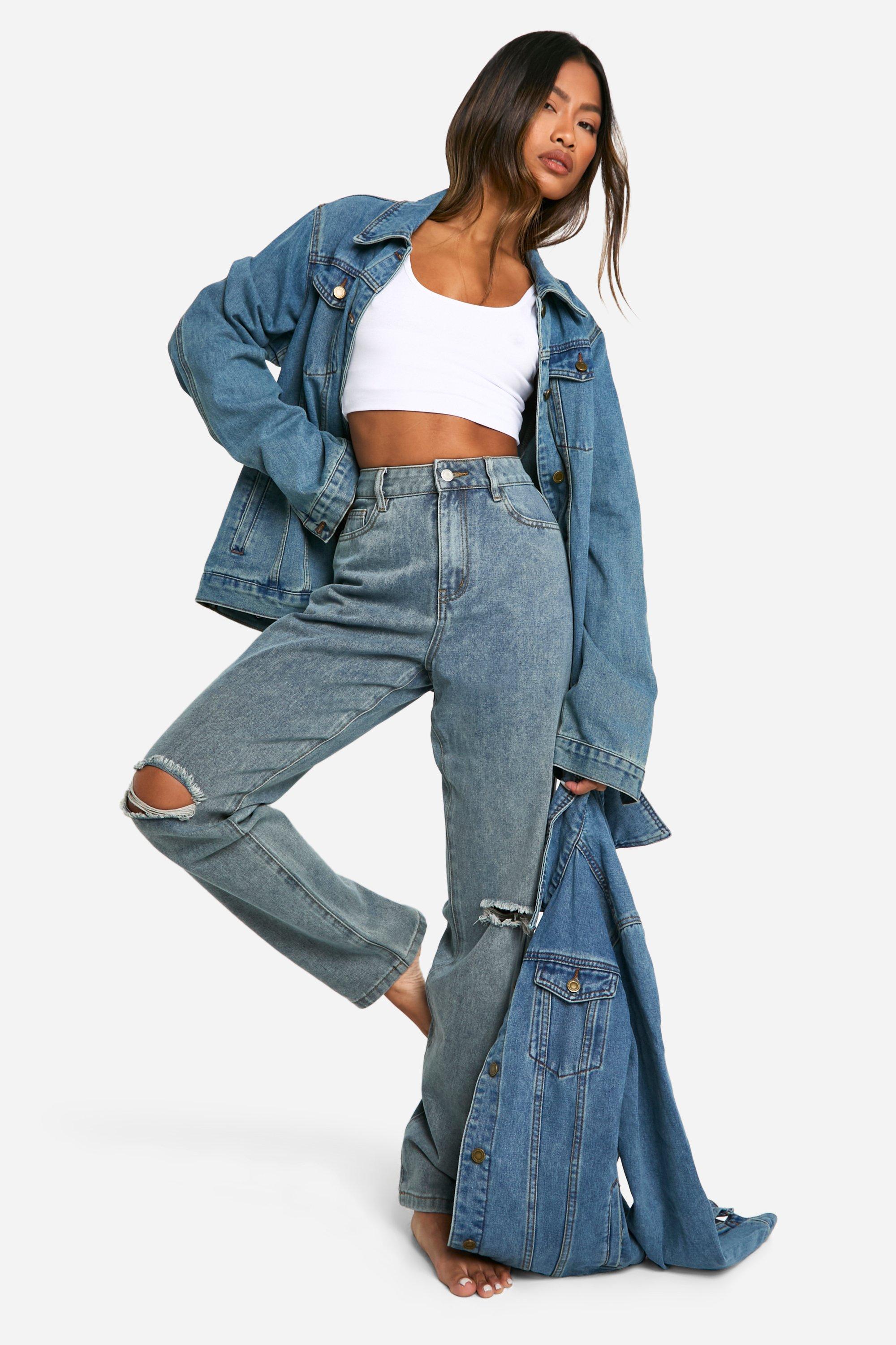 Boohoo Basics High Waisted Straight Leg Ripped Knee Jeans, Washed Blue