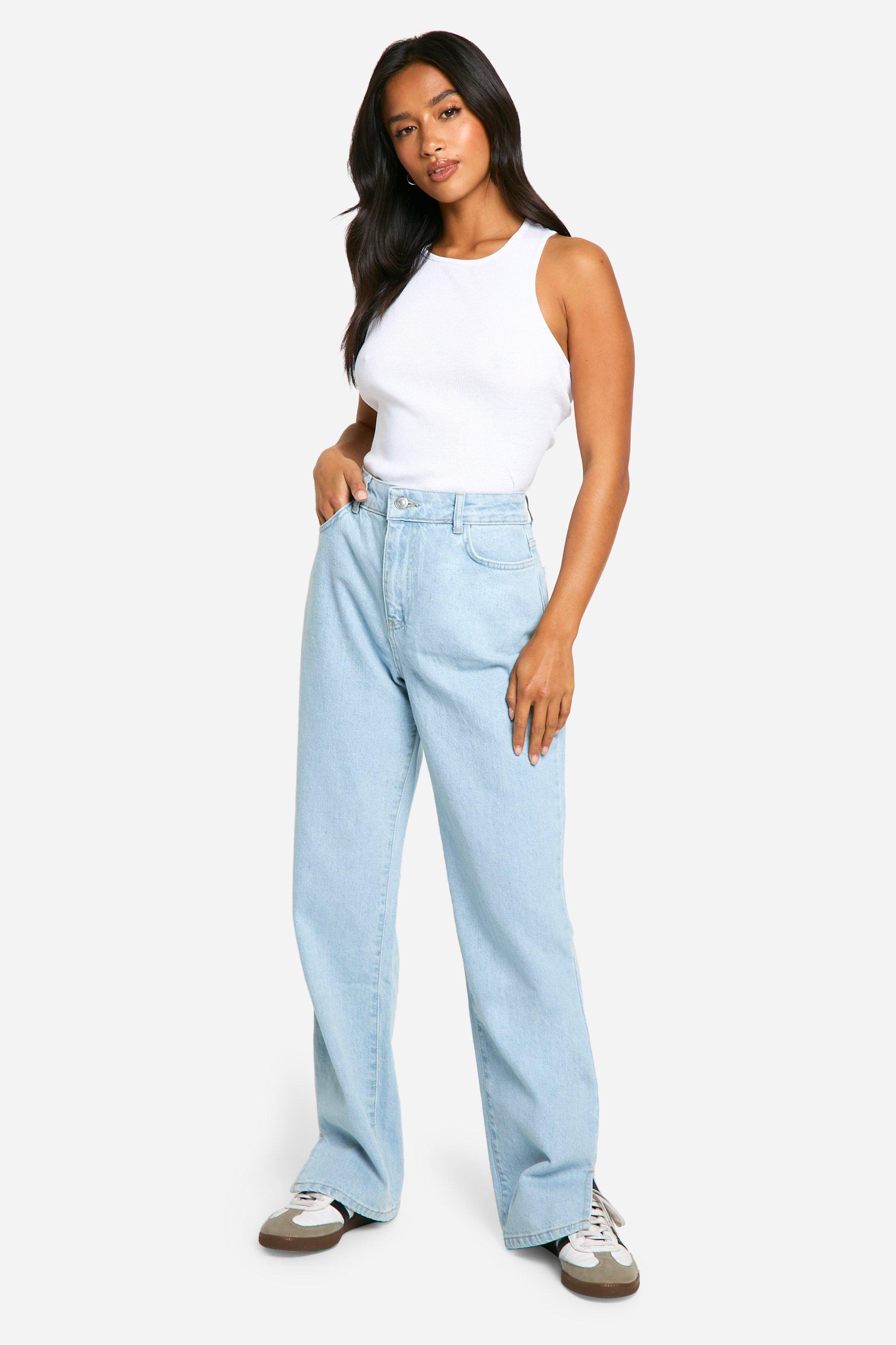 Boohoo Petite Jeans Met Hoge Taille En Split, Light Blue