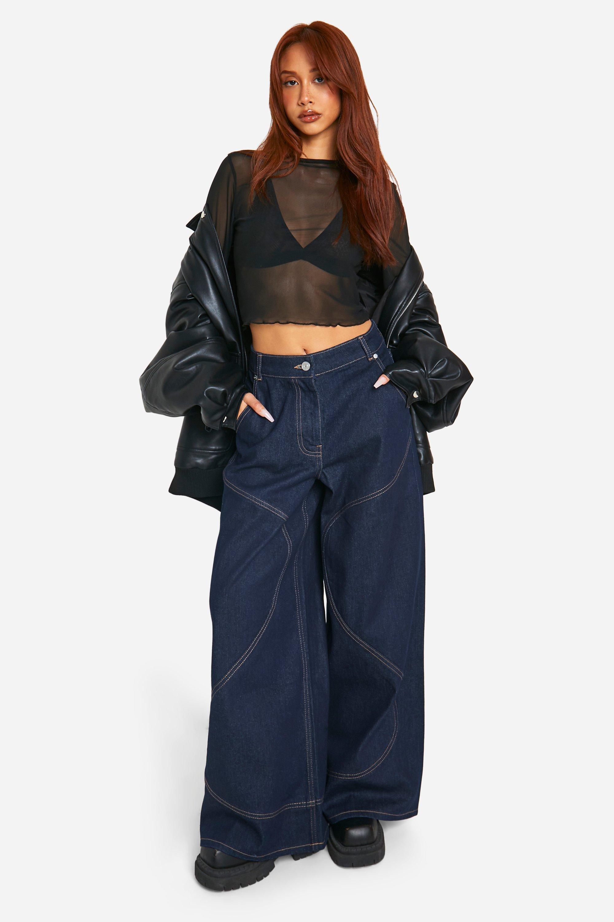 Boohoo Onbewerkte Indigo Swirl Print Wide Leg Jeans Met Contrasterende Stiksels, Dark Indigo