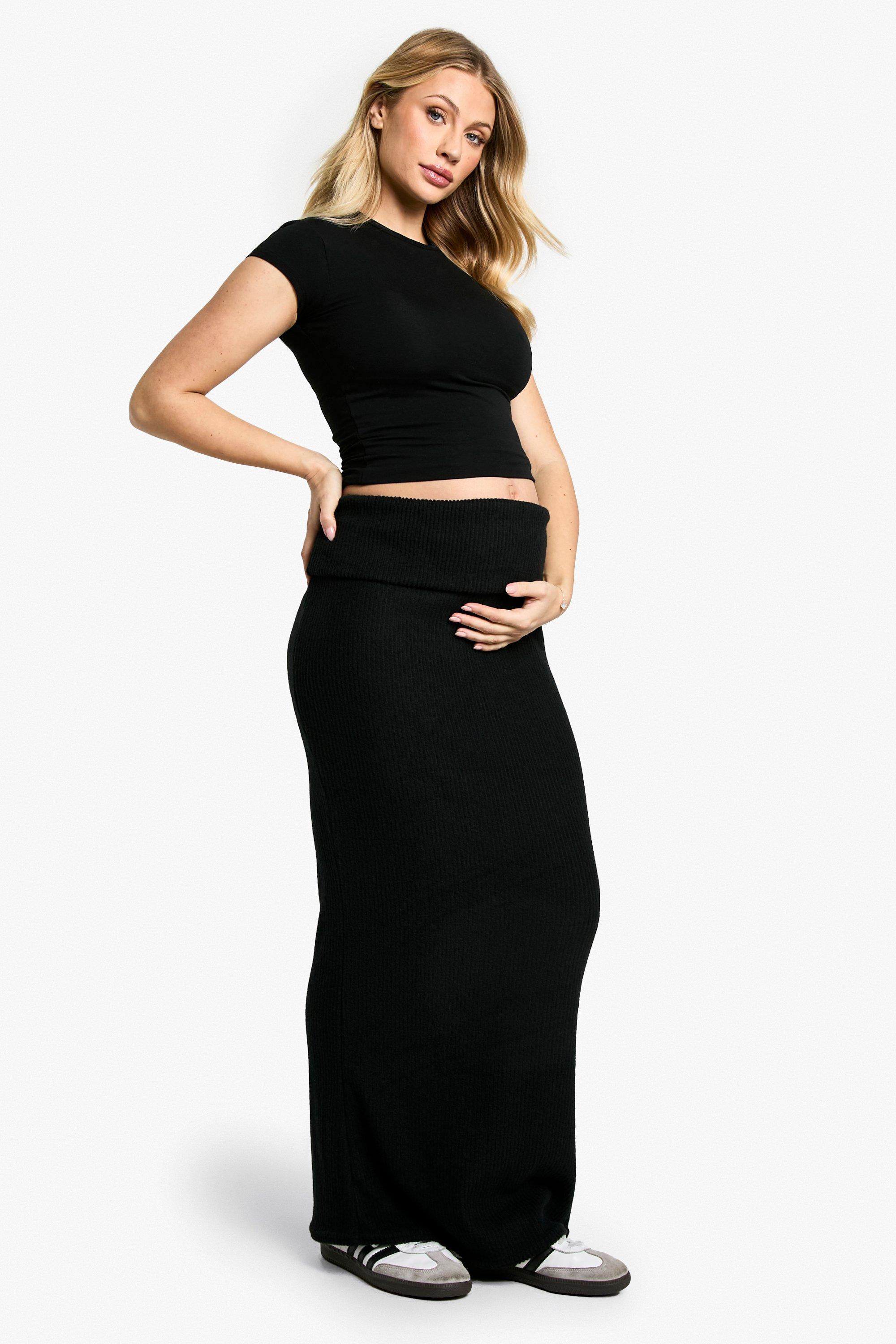 Boohoo Zwangerschap Zachte Geribbelde Maxi Rok Met Geplooide Taille, Black