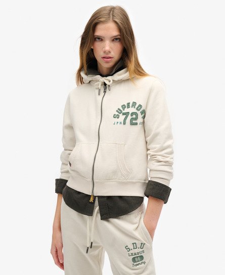 Superdry Vrouwen Korte Athletic Essentials Hoodie met Rits en Losse Pasvorm Crème