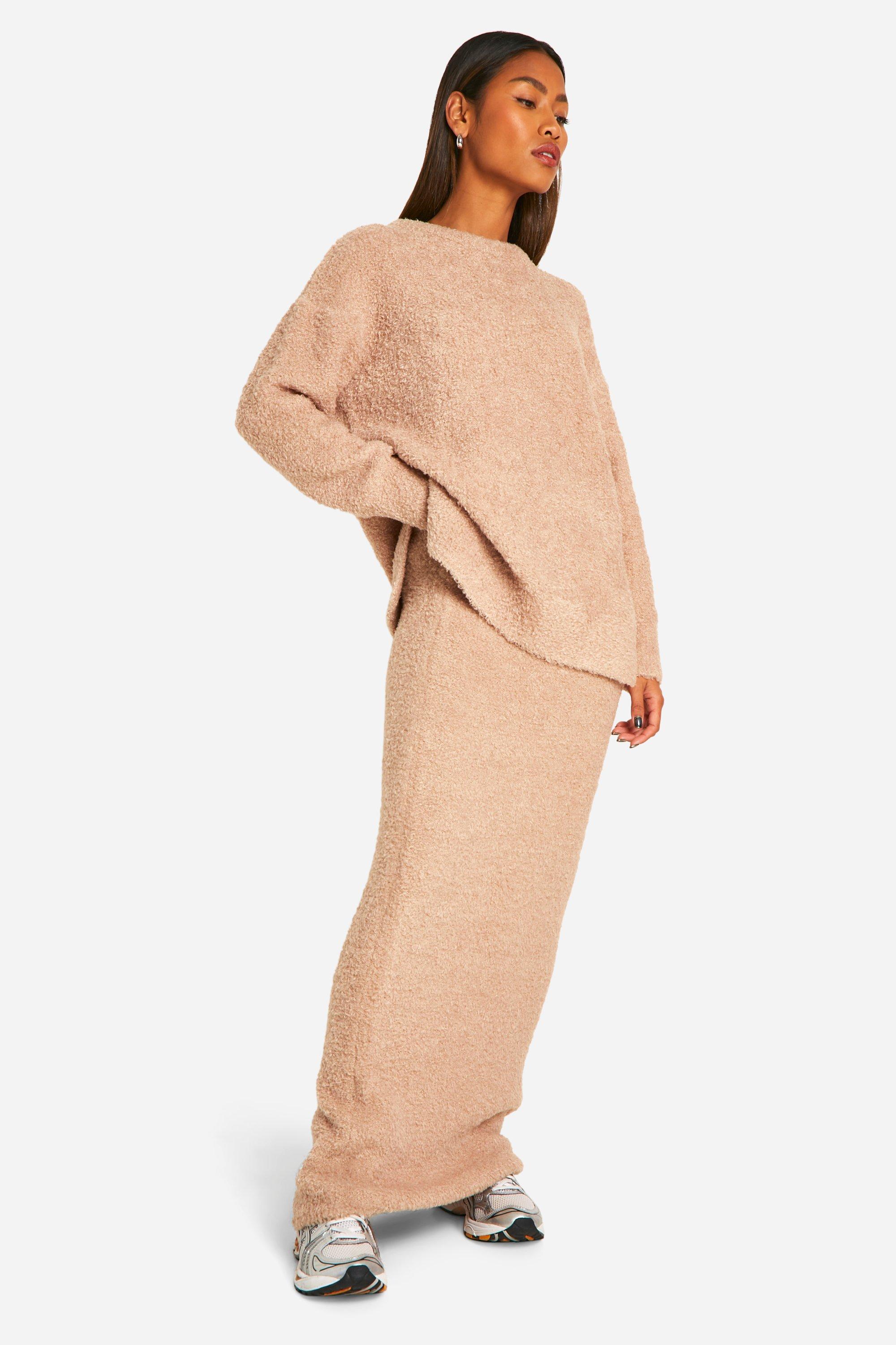 Boohoo Nepwollen Gebreide Baggy Getailleerde Maxi Rok, Camel