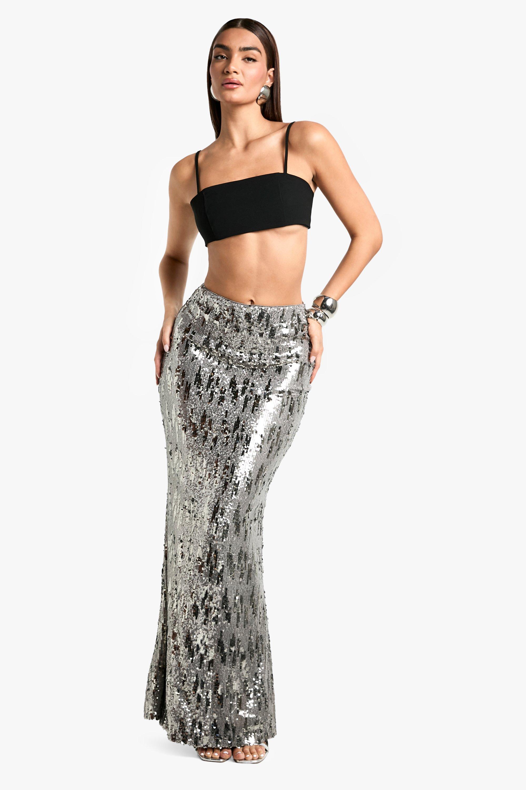 Boohoo Glitter Maxi Rok Met Pailletten, Silver