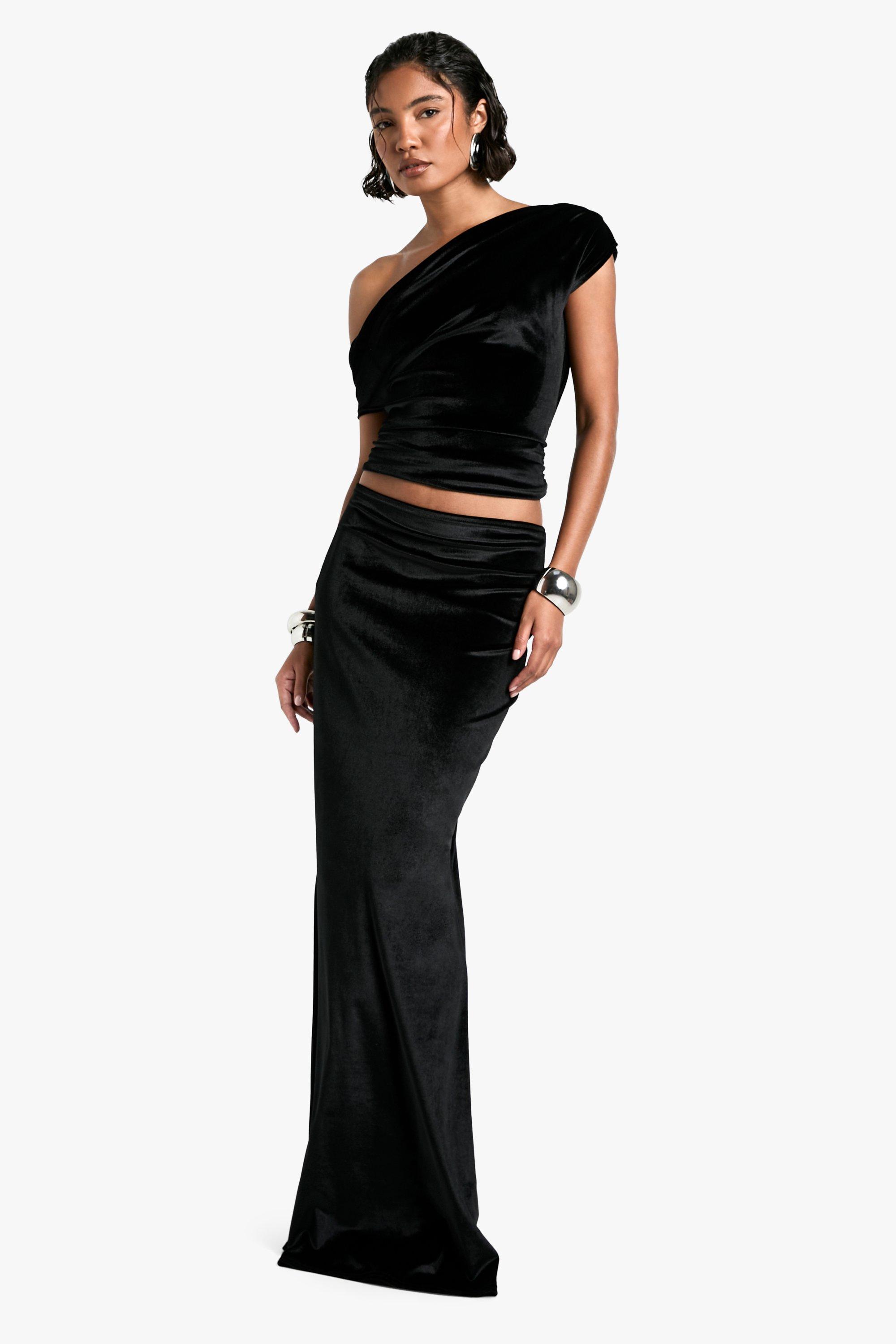 Boohoo Tall Fluwelen Maxi Rok, Black