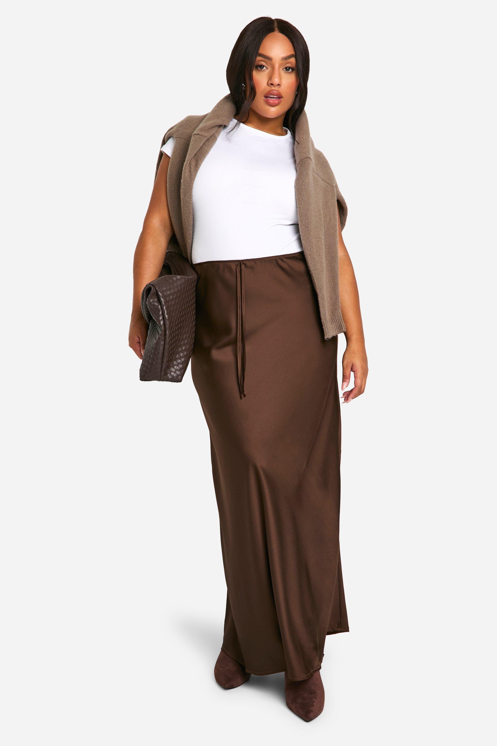 Boohoo Plus Satijnen Maxi Rok Met Touwtjes, Chocolate