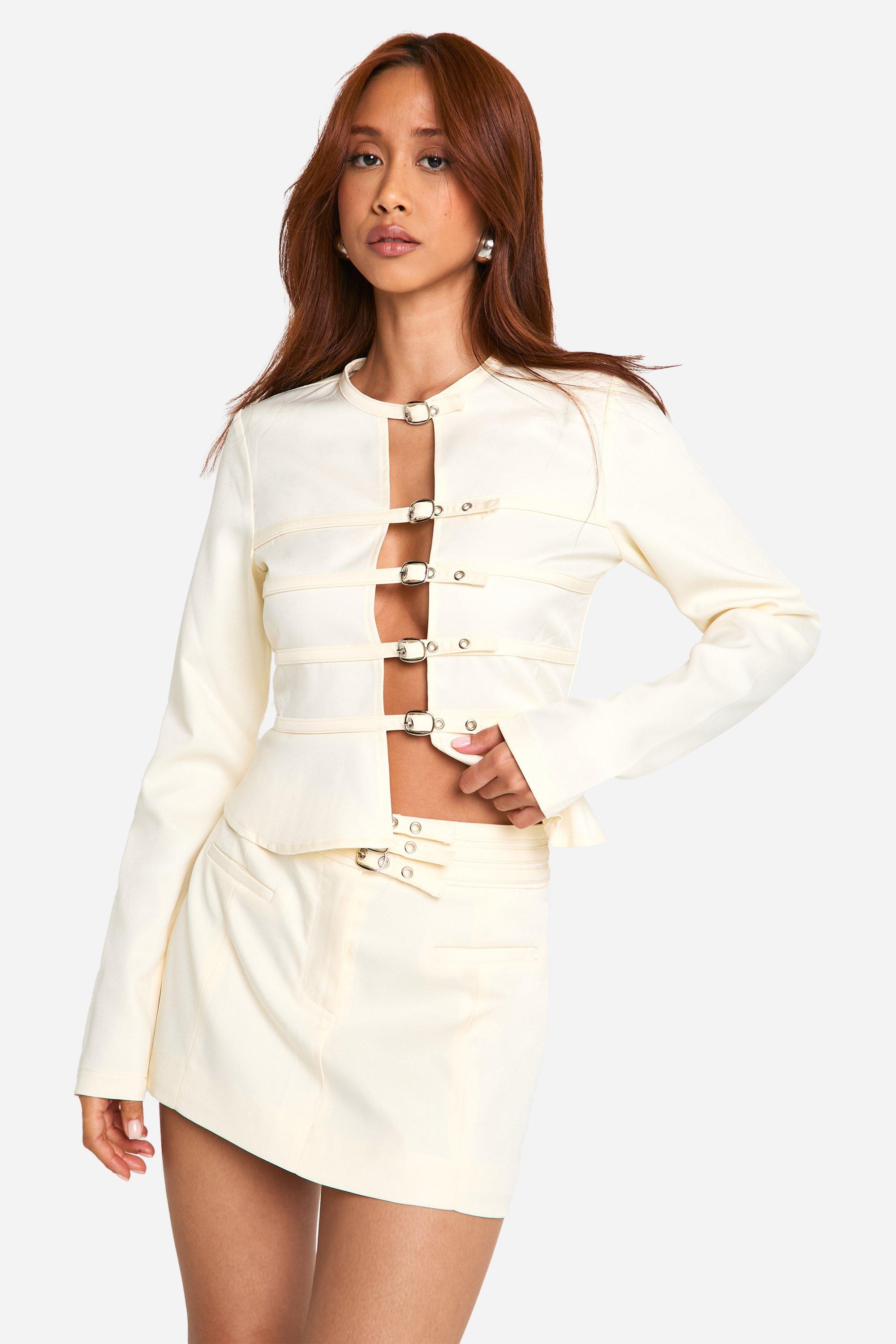 Boohoo Micro Triple Belt Mini Skirt, Ivory