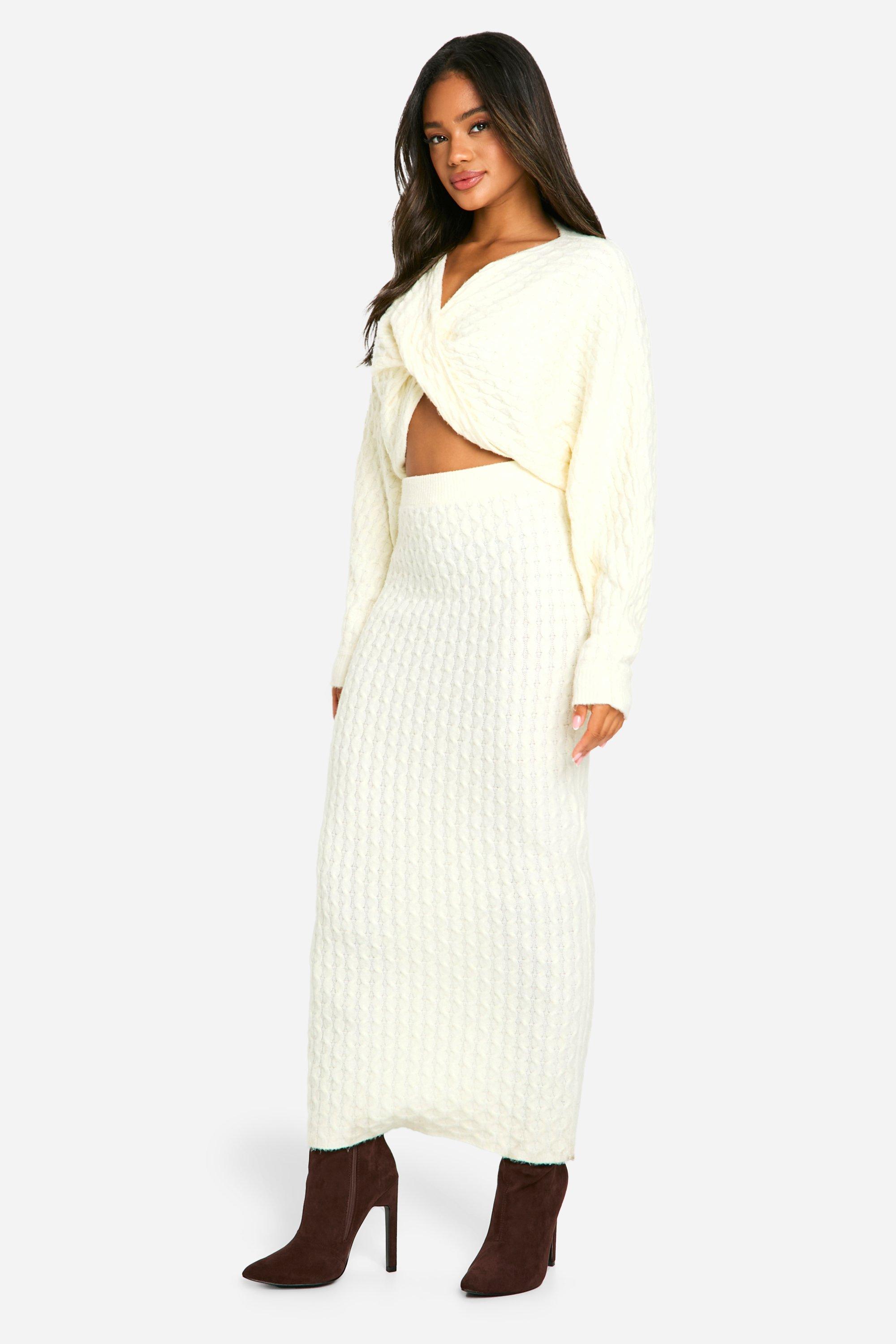 Boohoo Zachte Gedraaide Grof Gebreide Crop Top En Maxi Rok Set, Butter