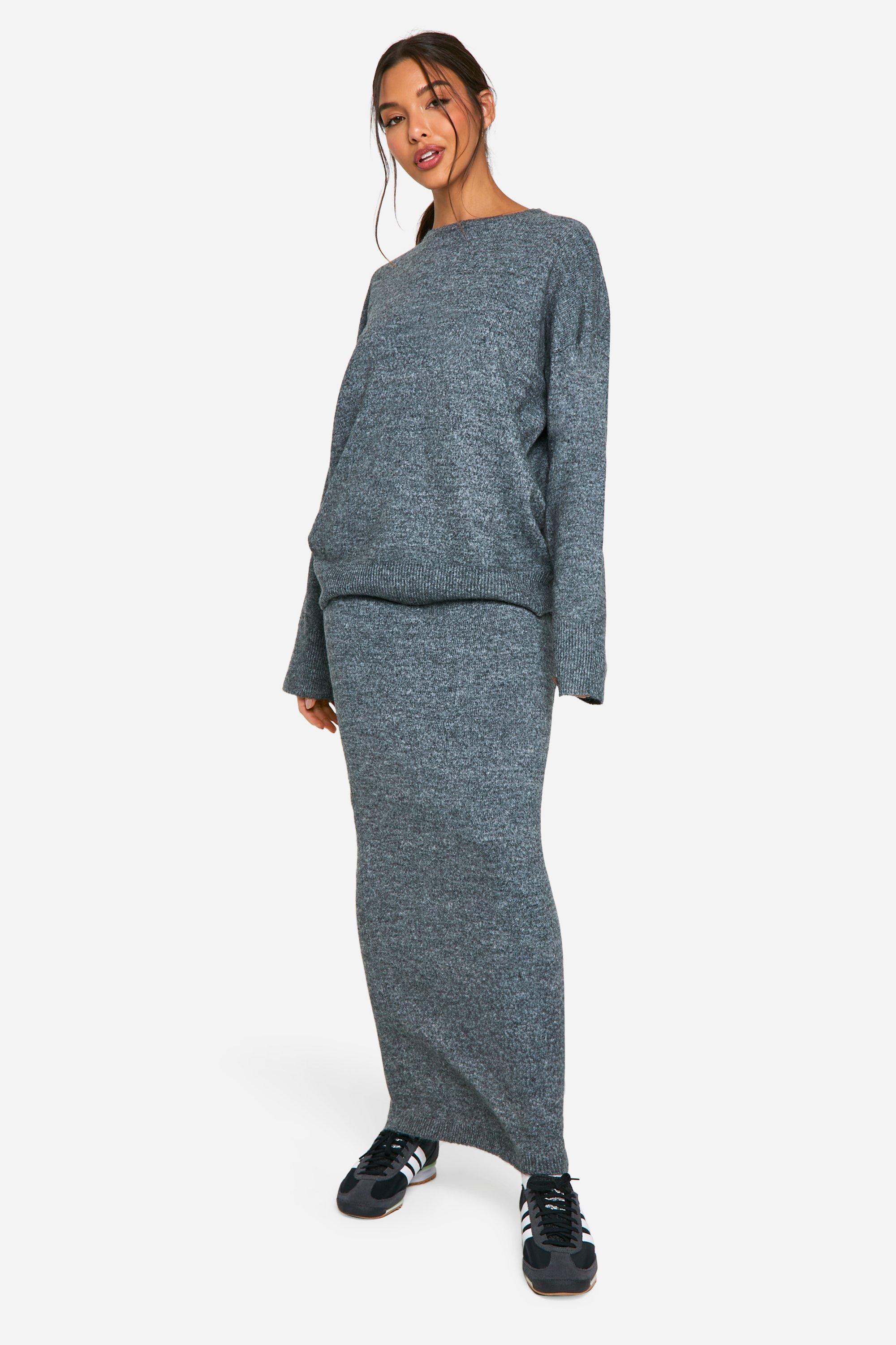 Boohoo Zachte Gebreide Fijn Gebreide Trui En Maxi Rok Set, Charcoal