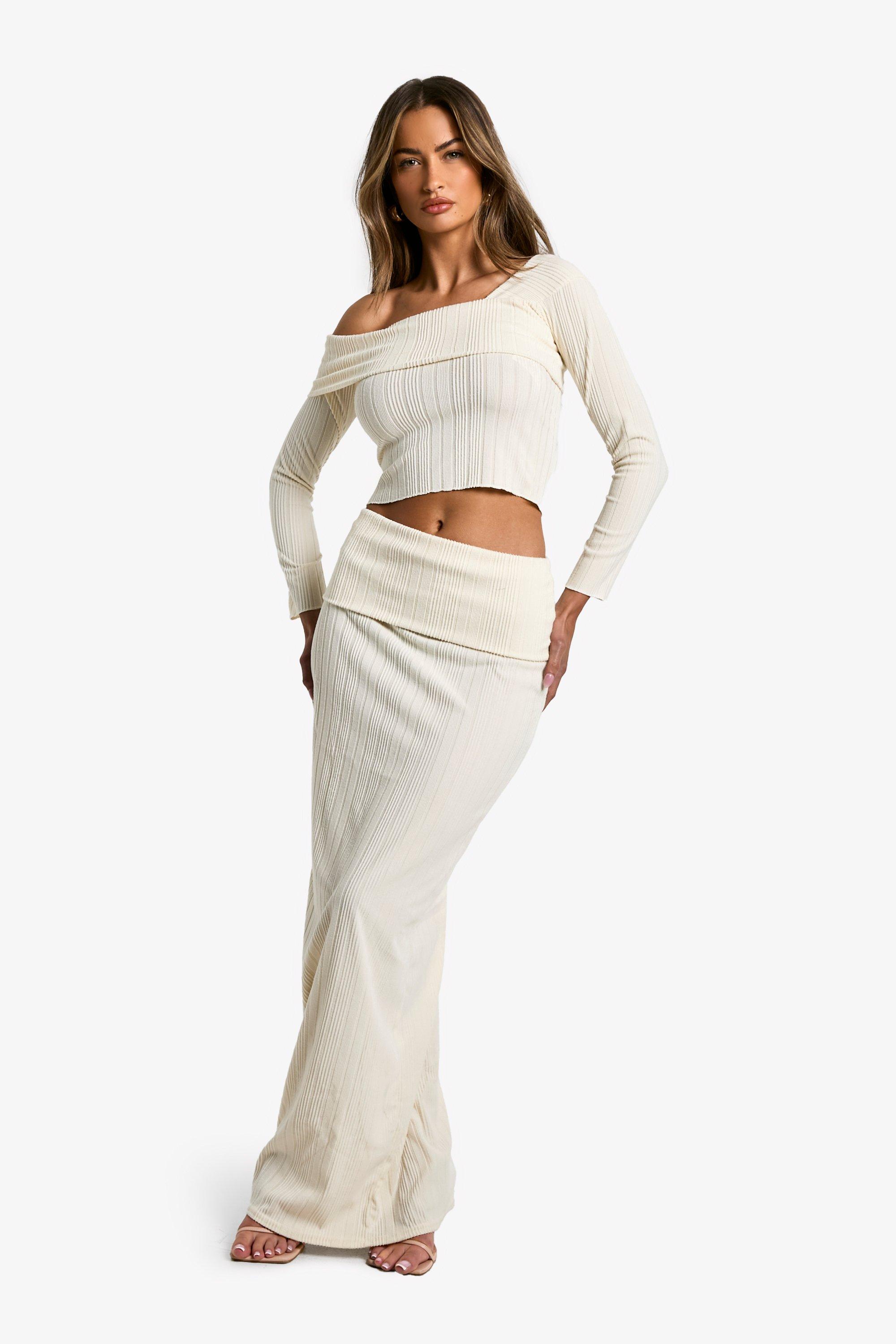 Boohoo Brushed Rib Fold Over Waistband Maxi Skirt, Cream