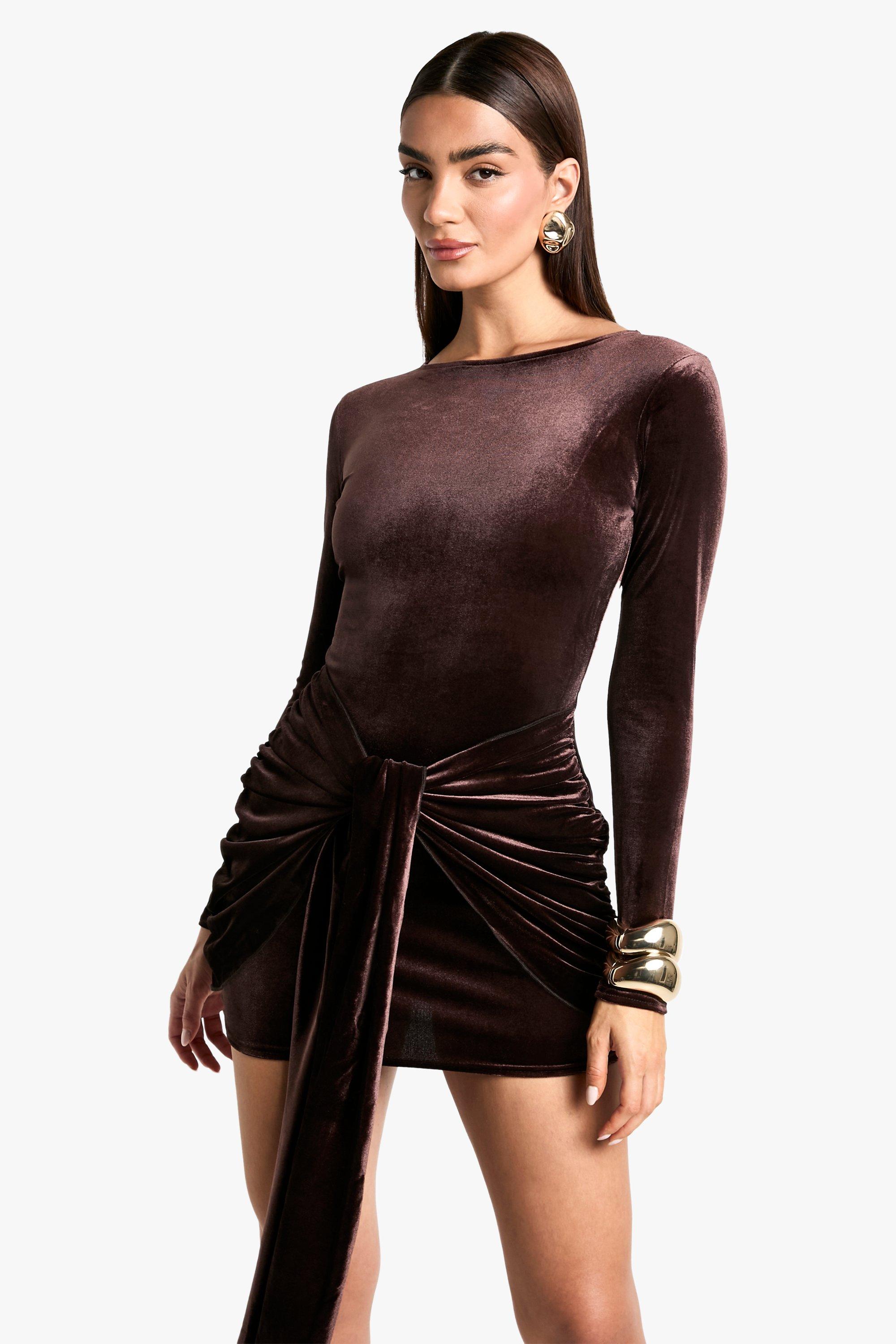 Boohoo Velvet Tie Waist Long Sleeve Mini Dress, Chocolate