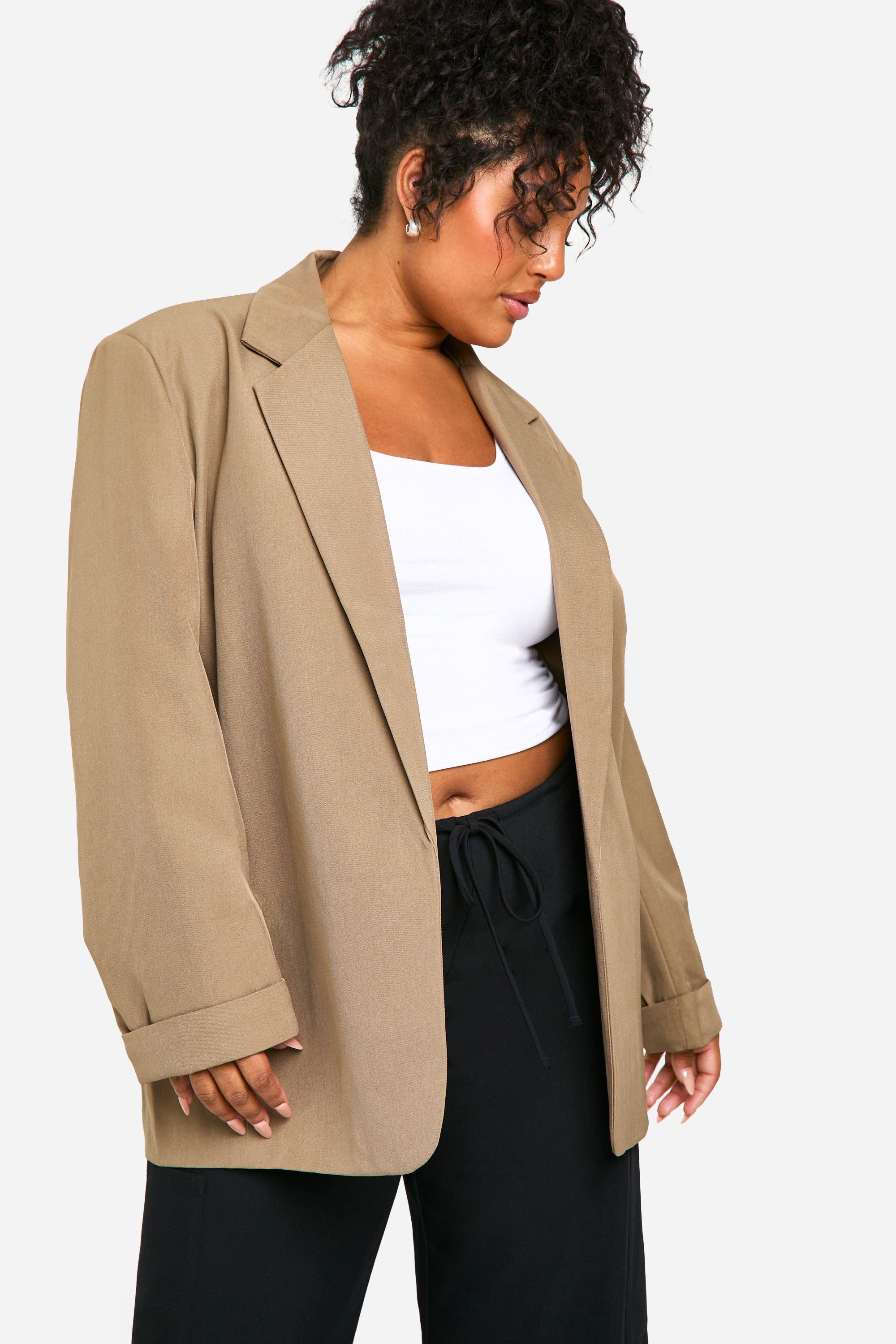 Boohoo Plus Baggy Blazer Met Omgeslagen Mouwen, Mocha