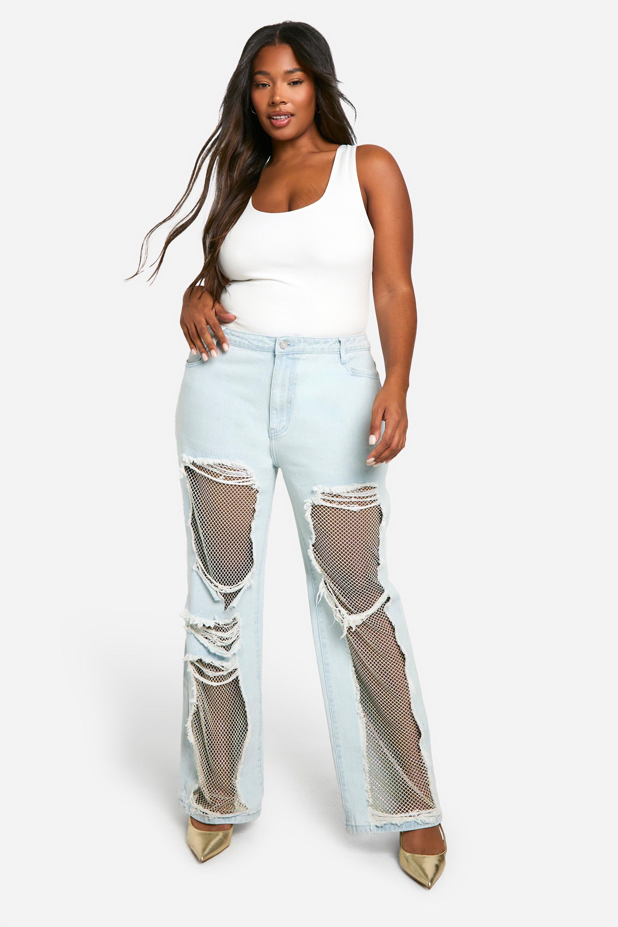 Boohoo Plus Diamante Mesh Straight Leg Jean, Light Blue