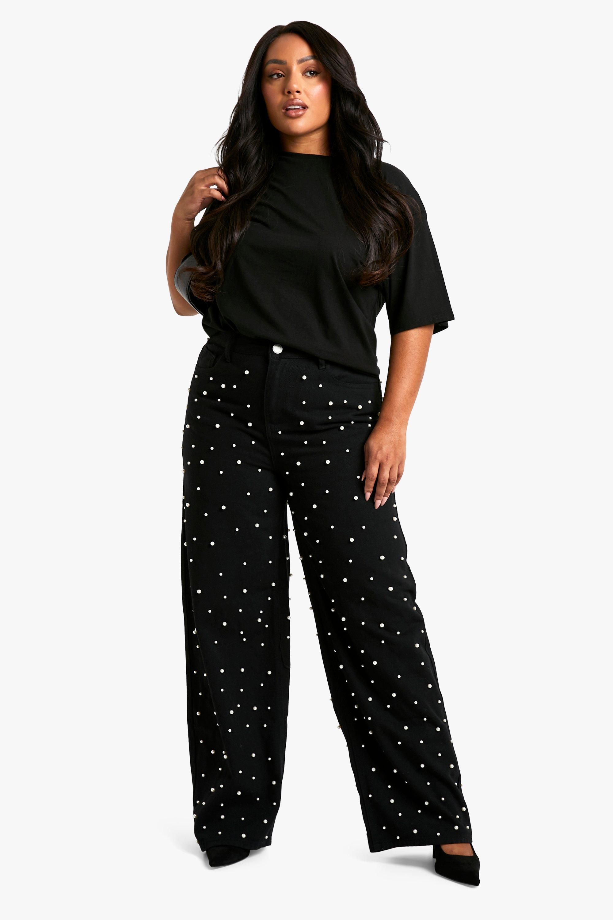 Boohoo Plus Versierde Wide Leg Jeans Met Parels, Black