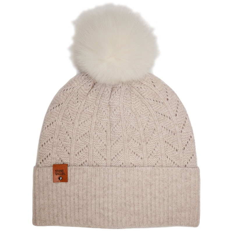 Stone Valley Merino Wol Beanie in Beige met Pompon