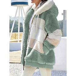 Light in the box Dames Fleecejack Teddy jas Hoodie jas Houd Warm Ademend Straat Alledaagse kleding Vakantie Uitgaan Vetoketju Zak Met fleece gevoerd Rits Capuchon Casual Streep Normale pasvorm bovenkleding Lange mouw