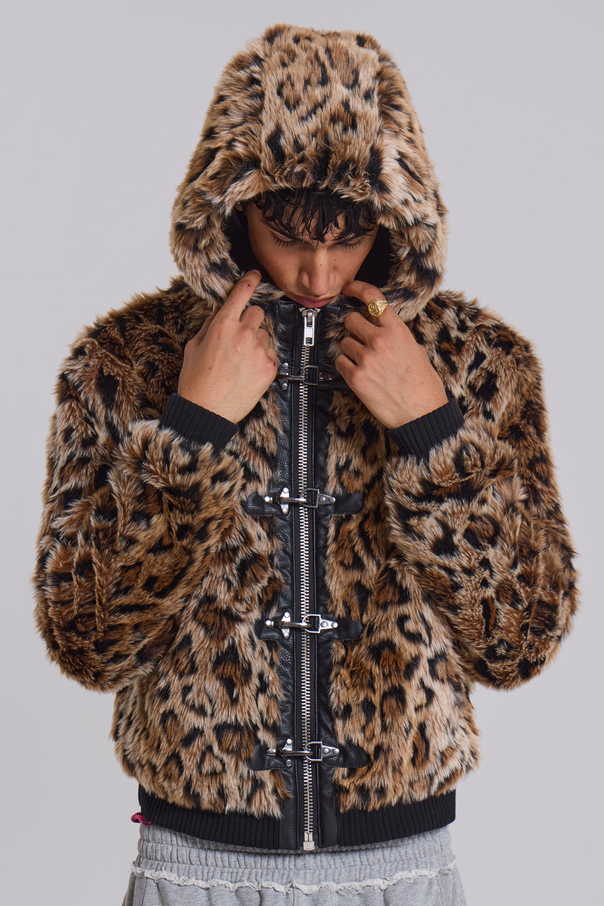 Jaded Man Leopard Faux Fur Hooded Mendoza Jacket