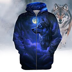 Light in the box MOON Wolf Voor heren Modieus 3D-afdrukken Trui met capuchon Vakantie Sportschool Streetwear Hoodies Donkerblauw Capuchon Trekkoord Herfst Winter Ontwerper Sweatshirt met capuchon