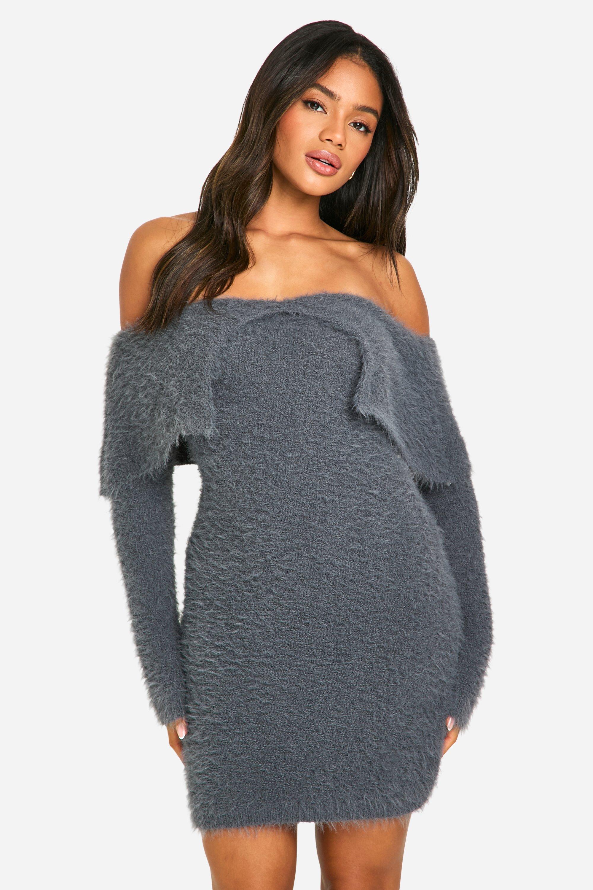 Boohoo Fluffy Knitted Bardot Mini Dress, Charcoal