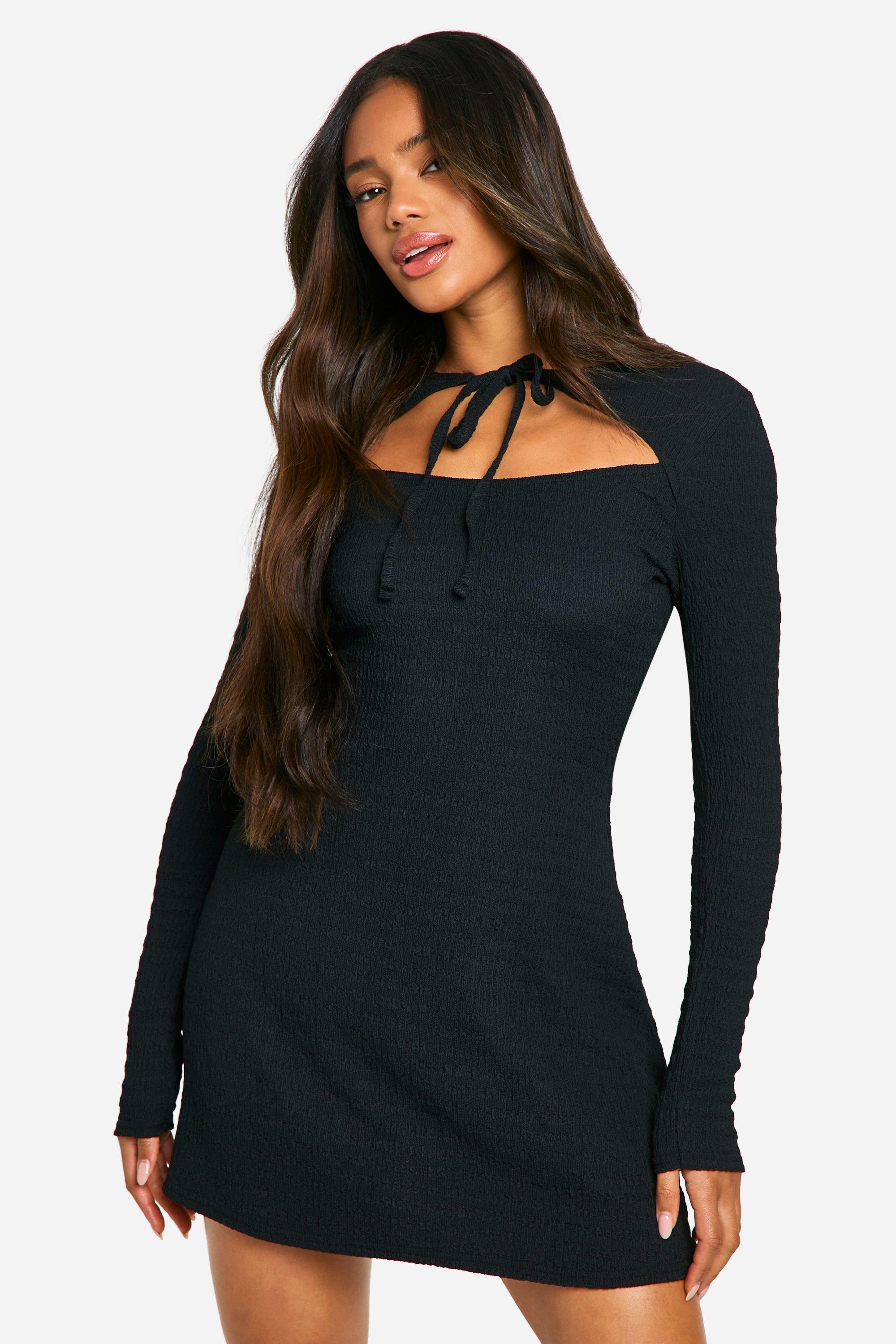 Boohoo Textured Tie Front Skater Dress, Black