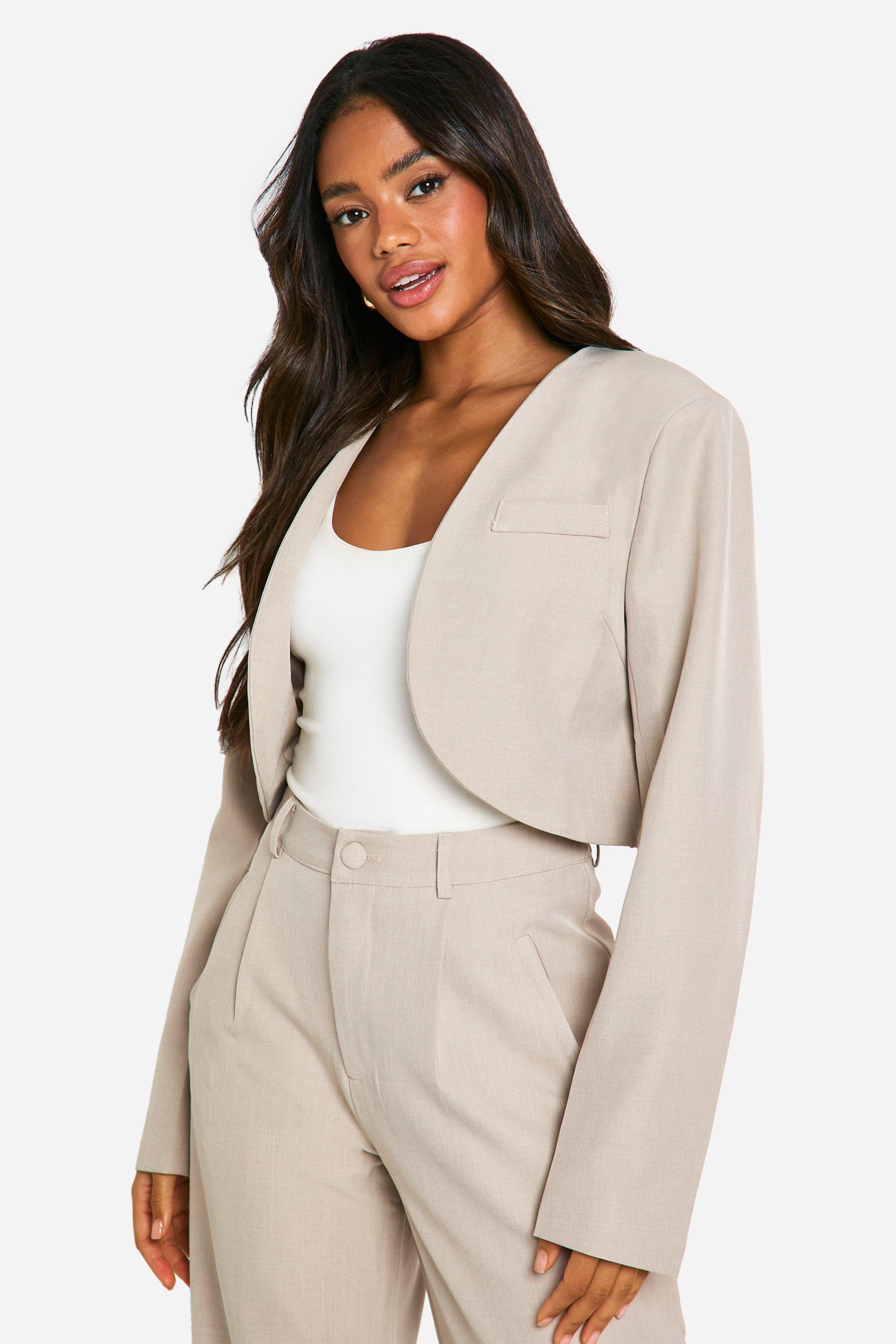 Boohoo Marl Curved Lapel Cropped Tailored Blazer, Stone