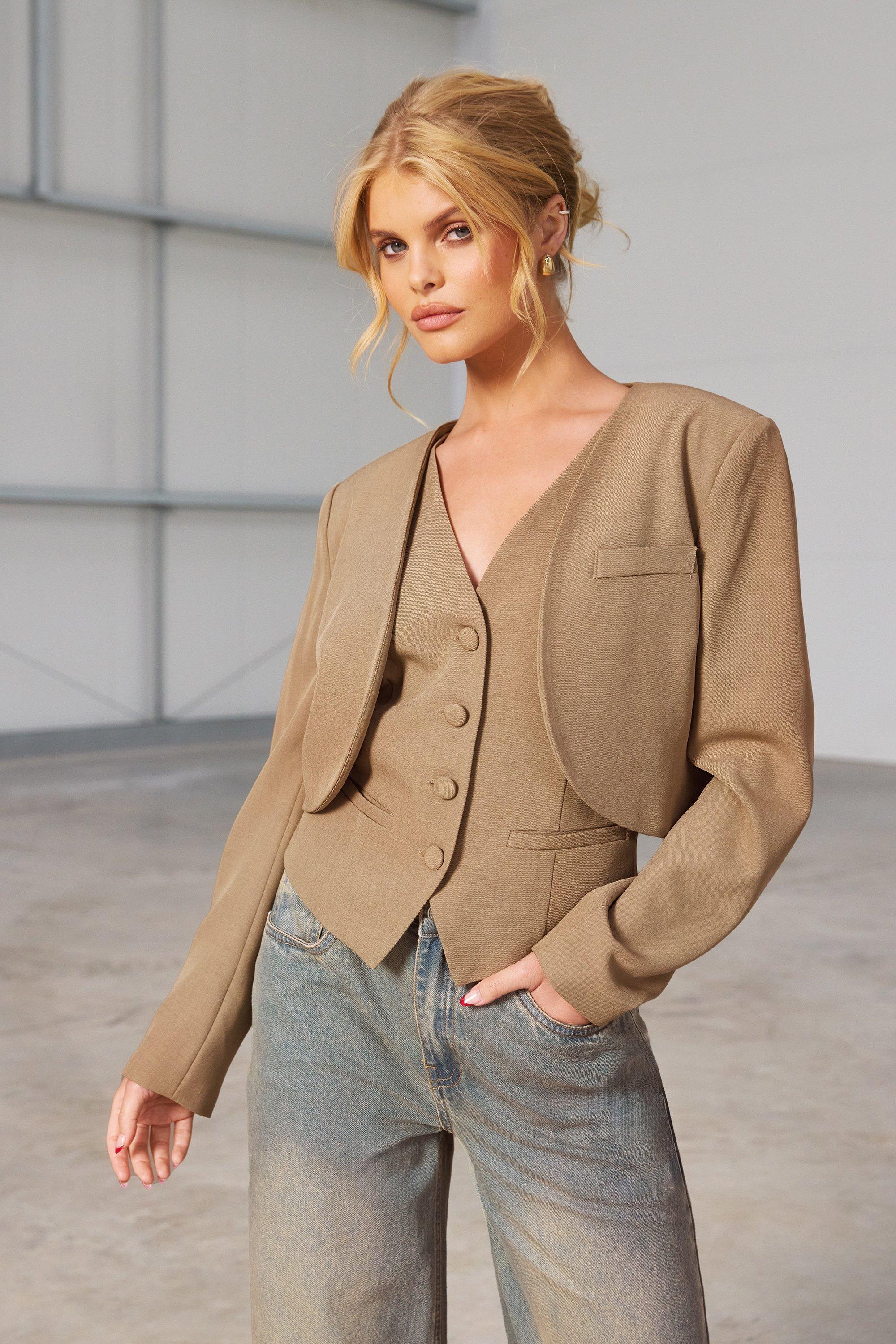 Boohoo Marl Curved Lapel Cropped Tailored Blazer, Mocha