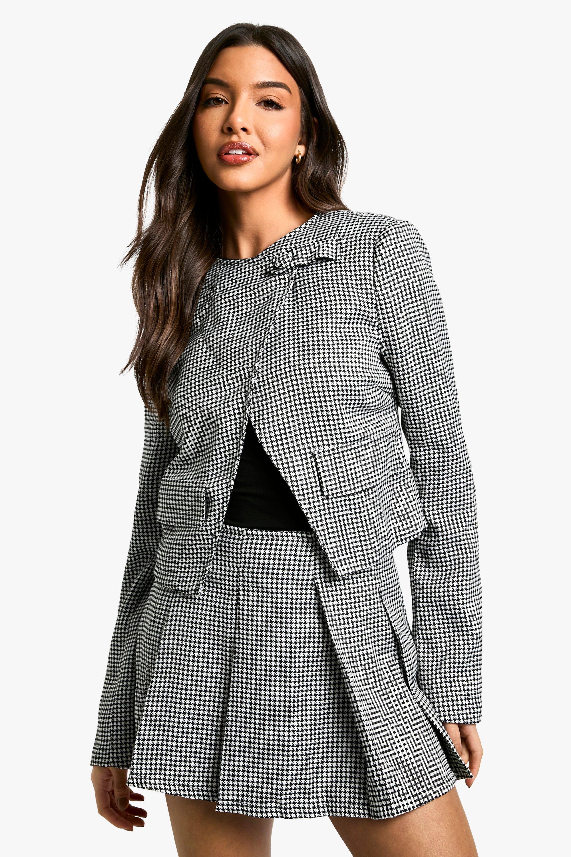 Boohoo Korte Asymmetrische Monochrome Dogtooth Blazer, Black