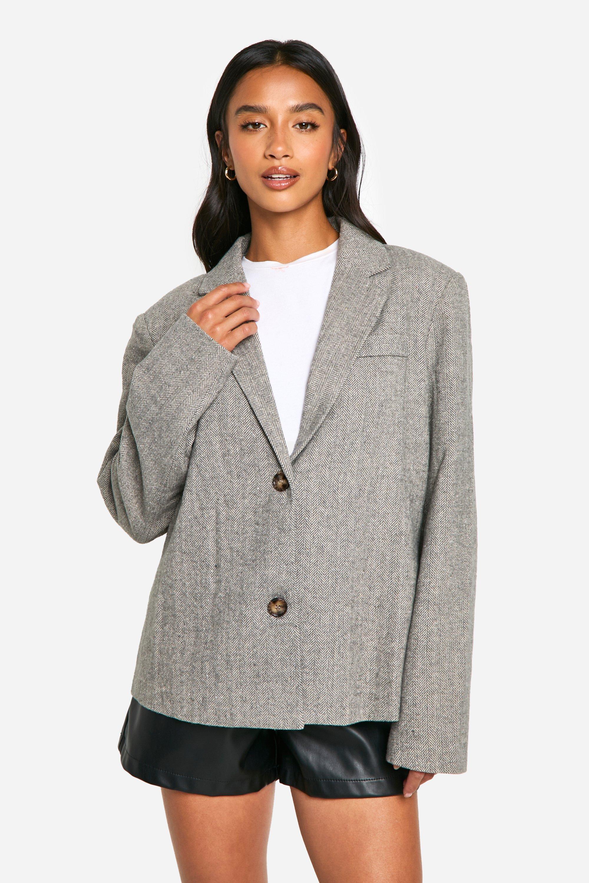 Boohoo Petite Nepwollen Herringbone Blazer, Grey