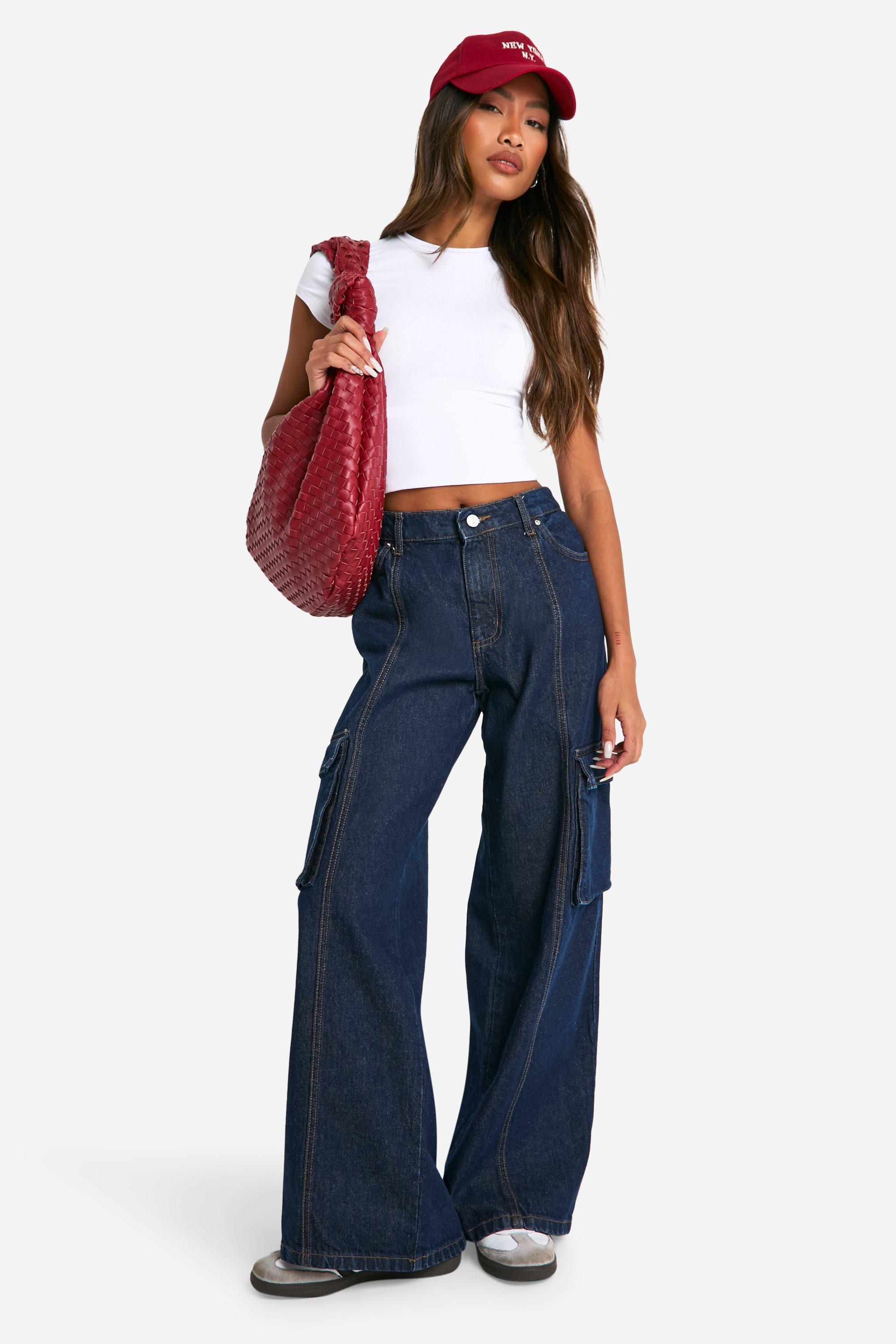 Boohoo Onbewerkte Indigo Jeans Met Contrasterende Stiksels En Cargo Zakken, Dark Indigo