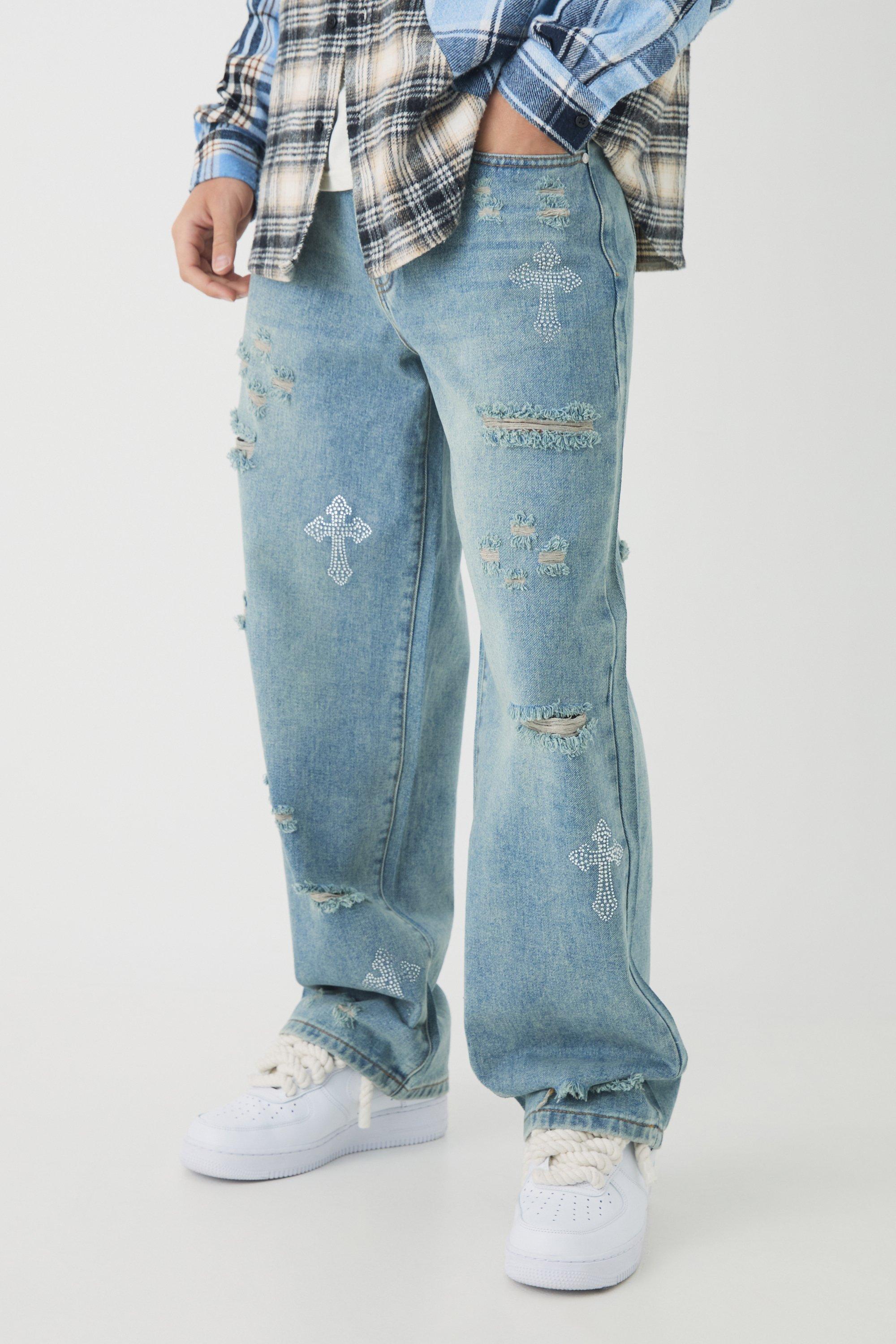 Boohoo Gescheurde Baggy Jeans Met Kruis, Vintage Blue