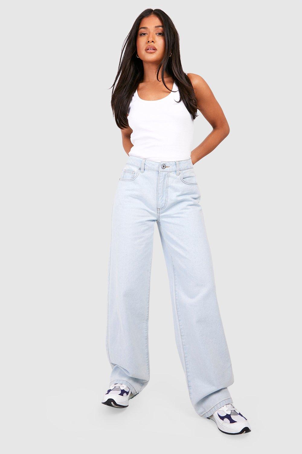 Boohoo Petite Basic High Waist Super Wide Leg Jeans, Bleach Wash