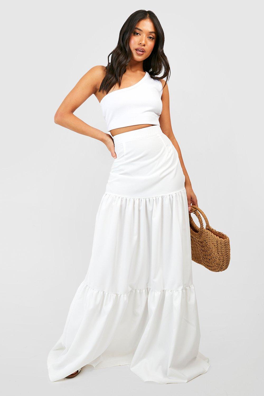 Boohoo Petite Geweven Maxi Zigeuner Rok Met Laagjes, White