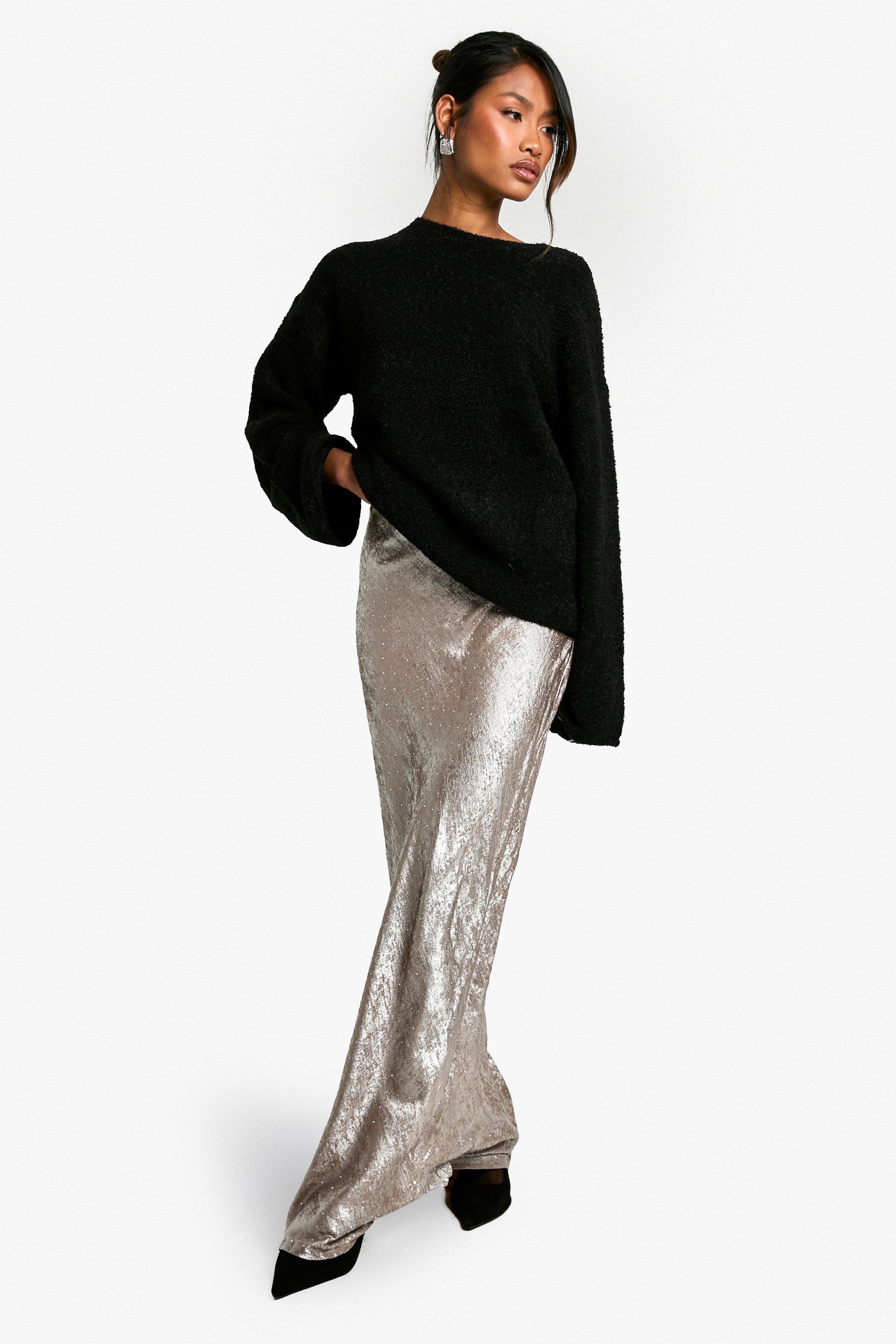 Boohoo Satijnen Bias Cut Metallic Maxi Rok Met Steentjes, Silver