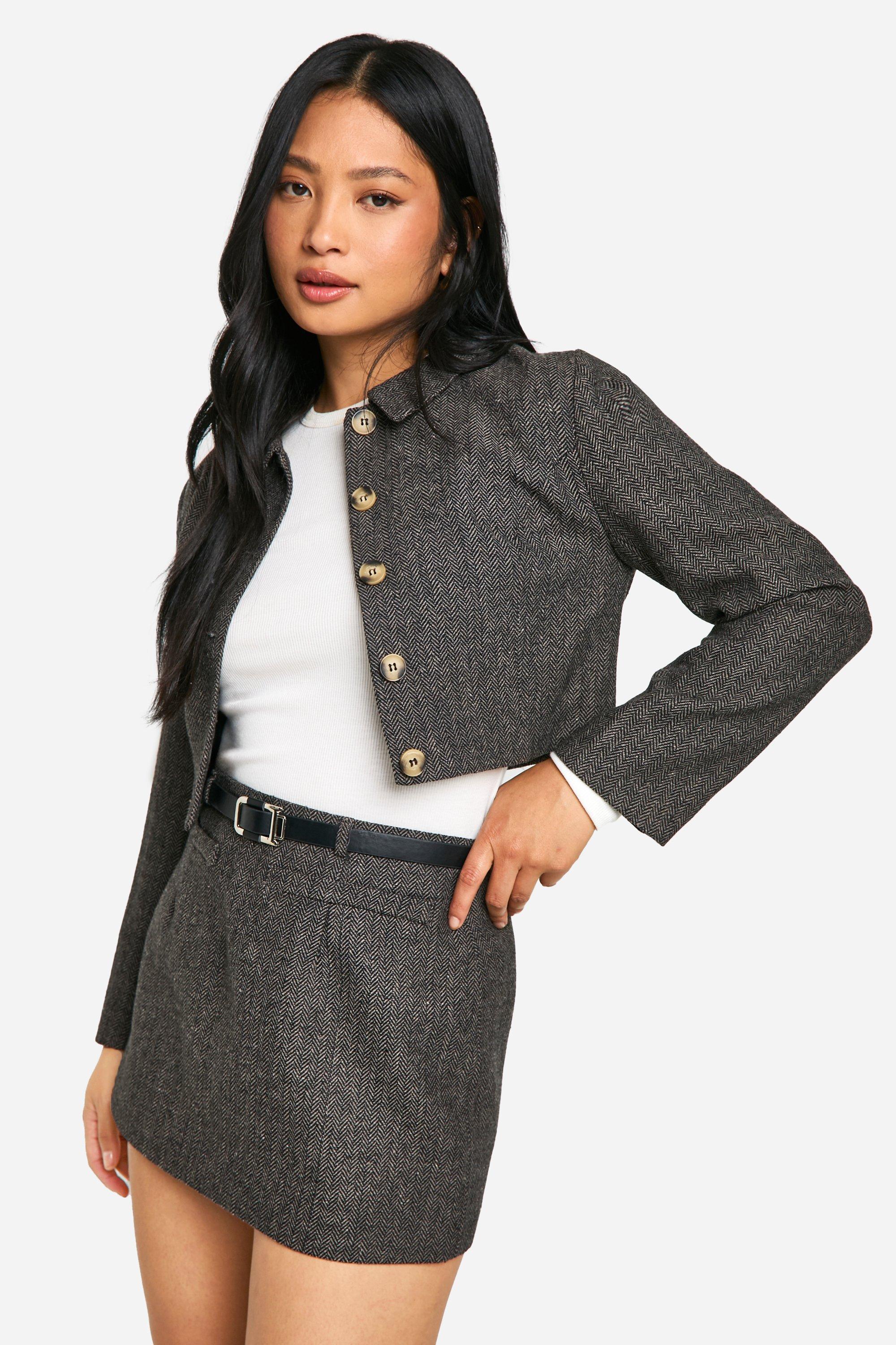 Boohoo Petite Tweed Mini Rokje Met Ceintuur, Brown