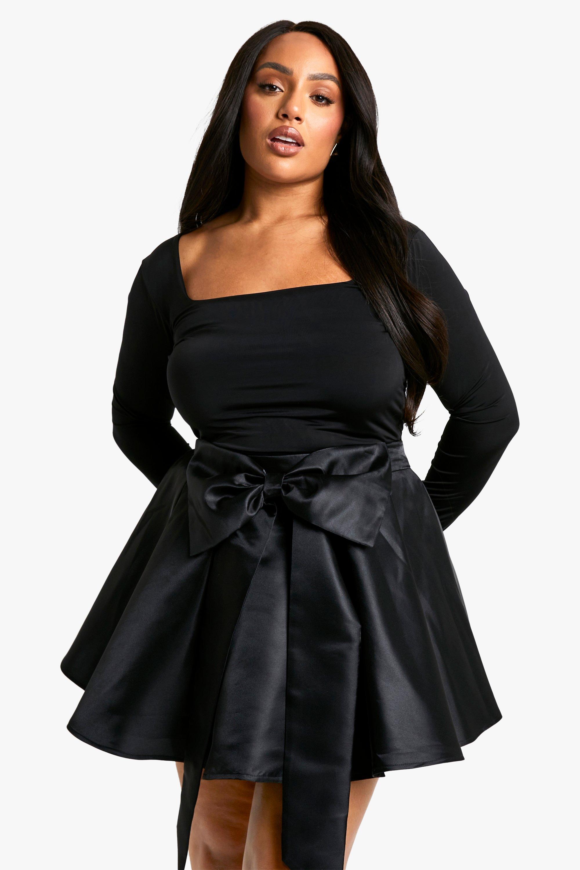 Boohoo Plus Taffeta Bow Skater Skirt, Black