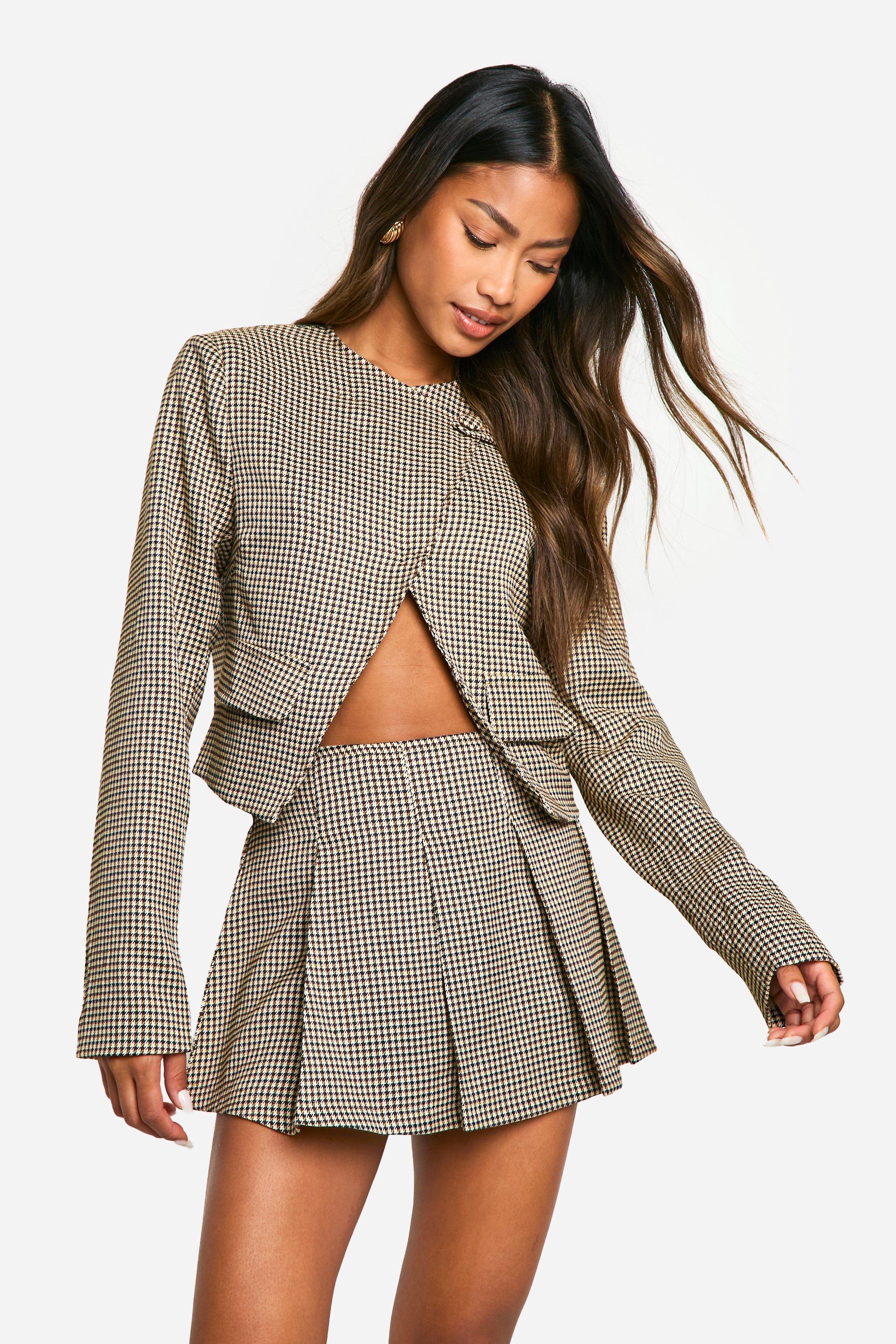 Boohoo Monochroom Geplooid Dogtooth Mini Rokje, Camel