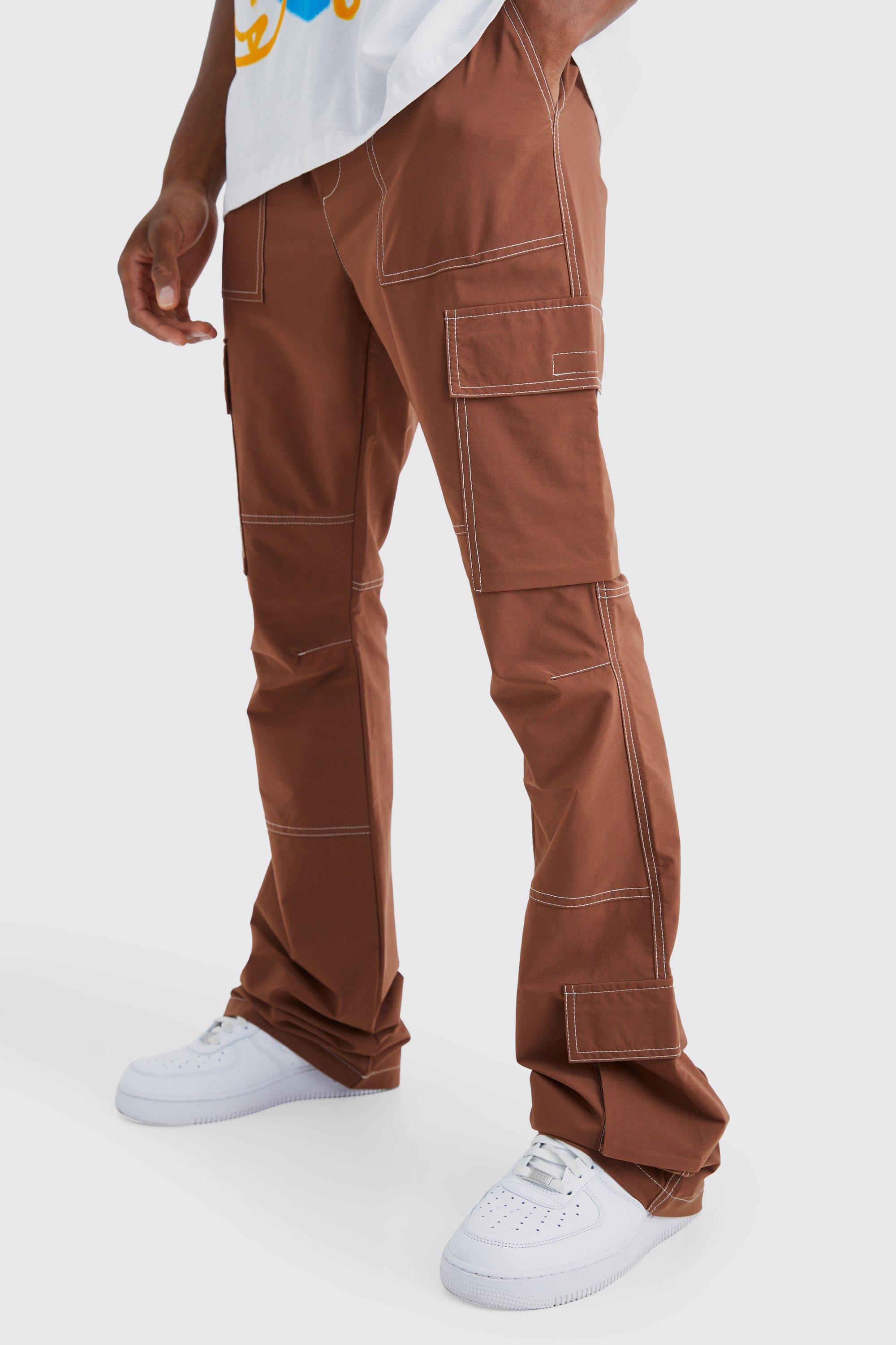 Boohoo Slim Fit Flared Cargo Broek Met Contrasterende Stiksels, Elastische Taille, Chocolate