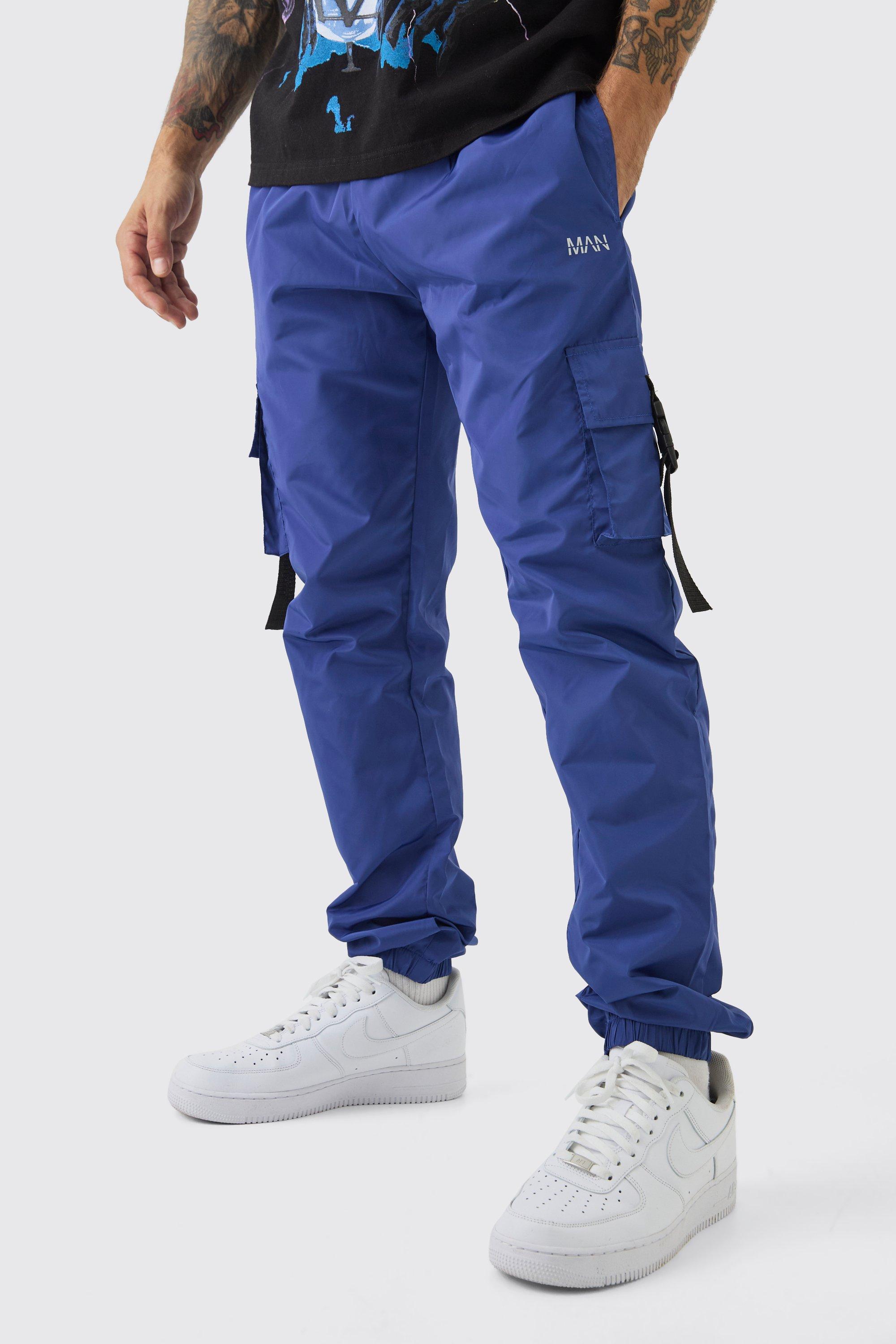 Boohoo Man Soft-Shell Cargo Slim Fit Joggingbroek Met Elastische Taille, Blue