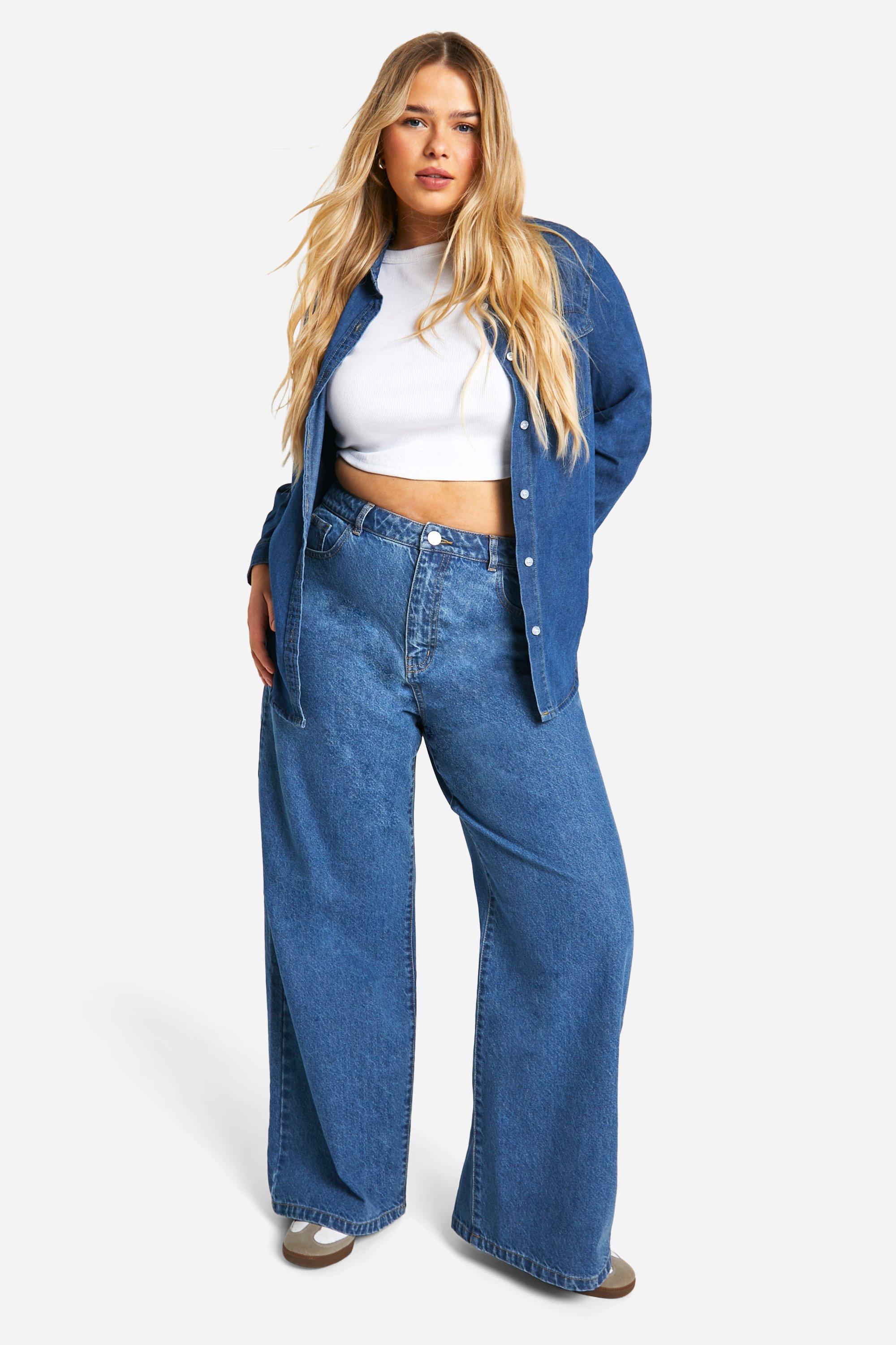 Boohoo Plus Basic High Waist Wide Leg Jeans, Mid Blue