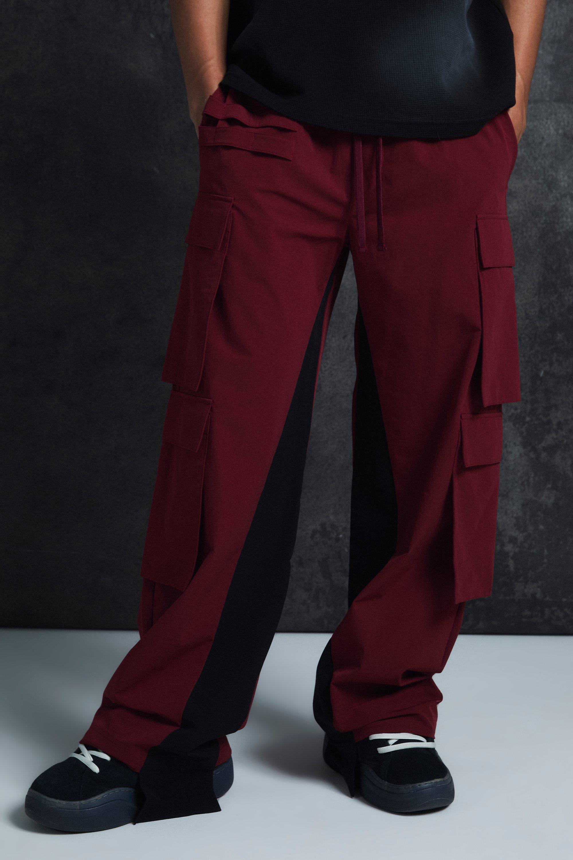 Boohoo Baggy Tech Stretch Cargo Broek Met Elastische Taille, Burgundy