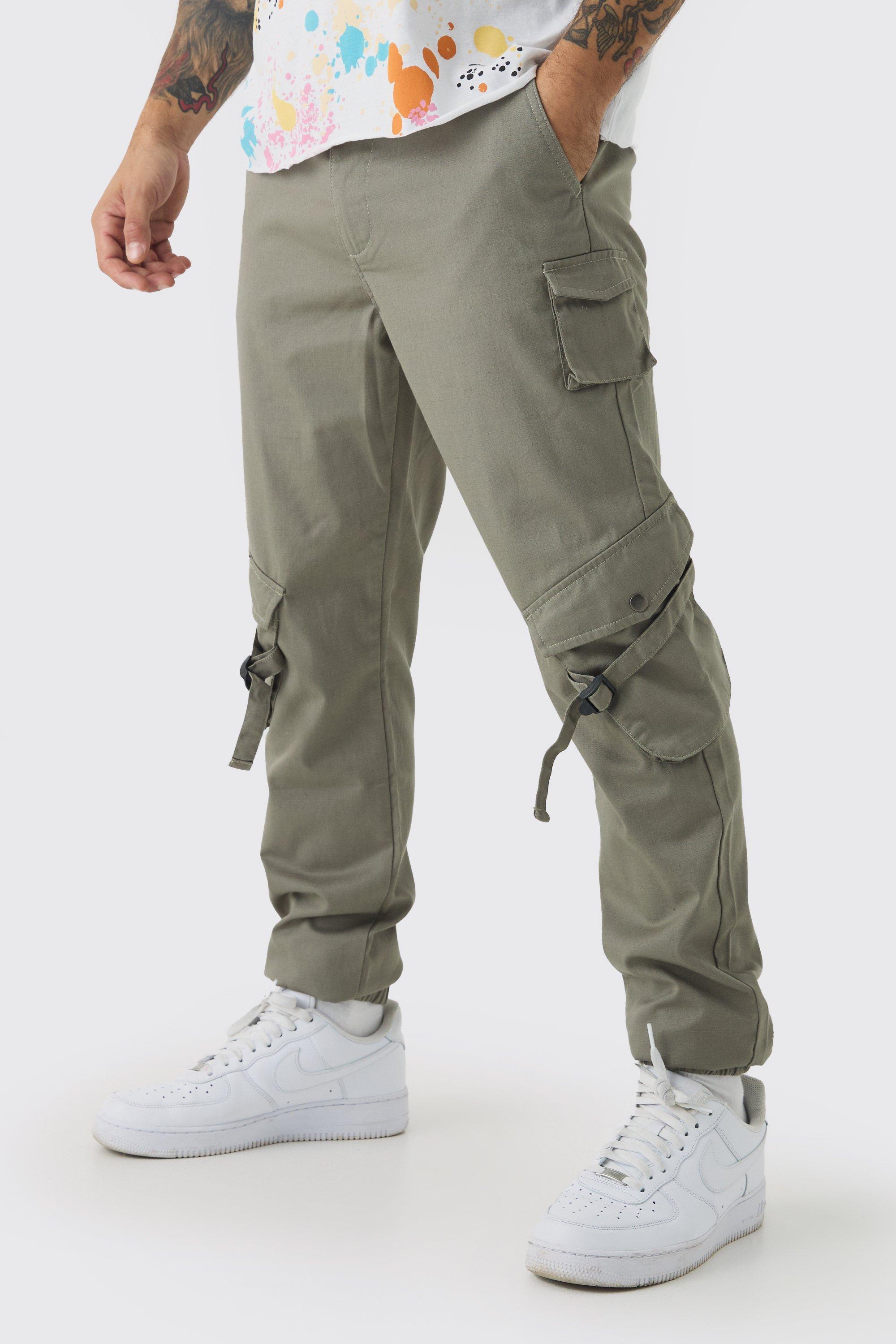 Boohoo Elastische Slim Fit Ribfluwelen Cargo Broek Met Gesp, Khaki